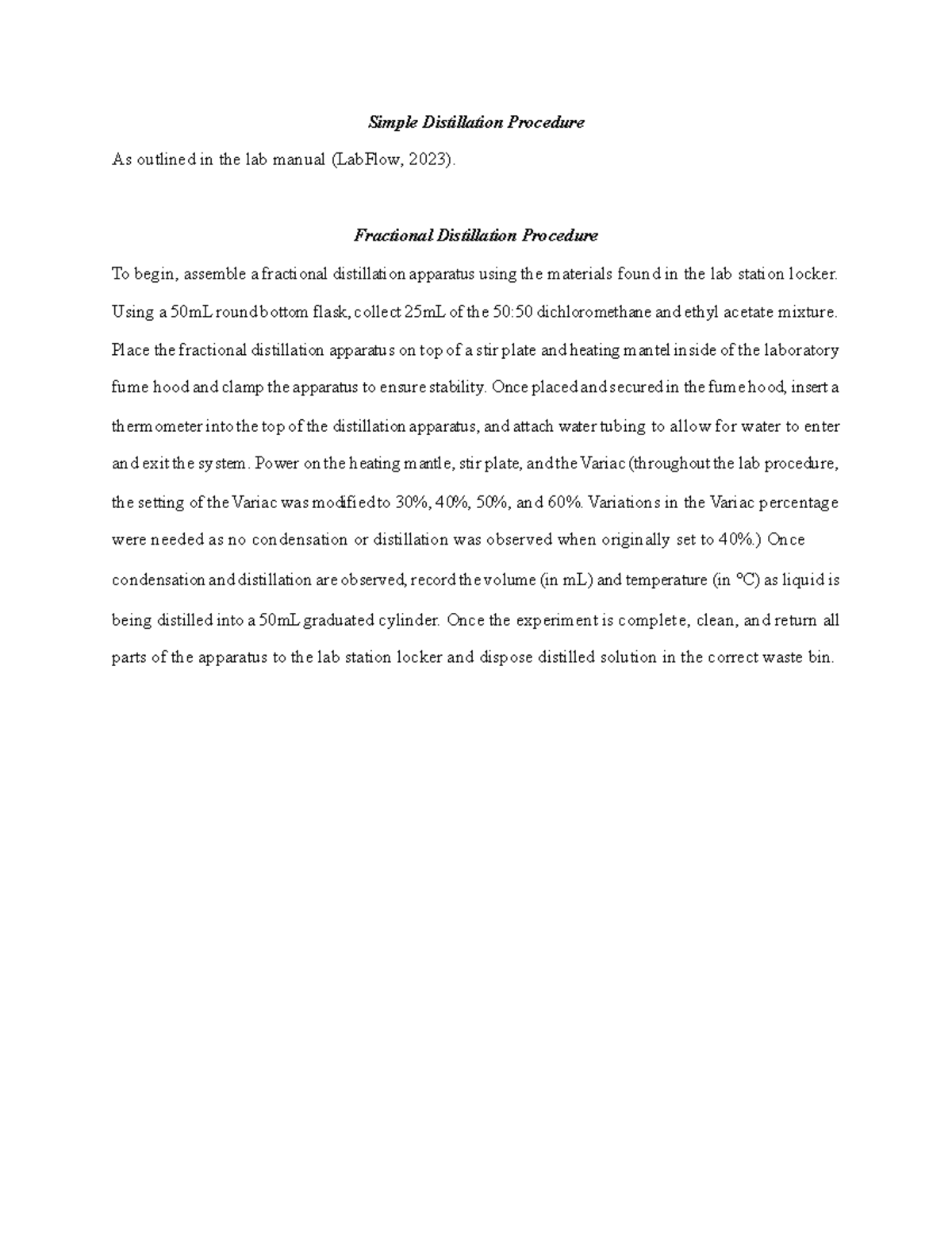 CHM 1321 Lab 2 Procedure Simple Distillation Procedure As outlined in