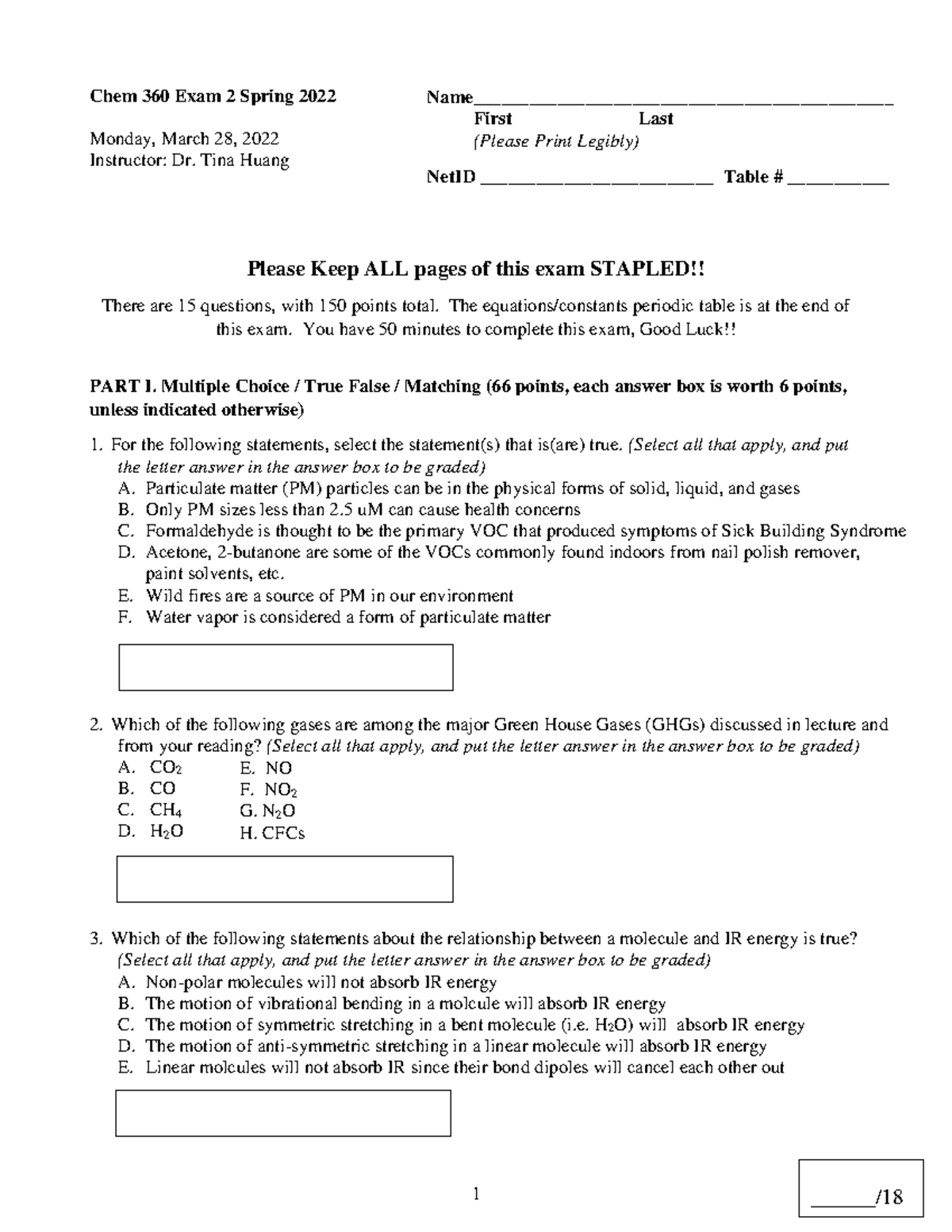 Chem 360 Exam 2 Spring 2022 v2-1 - 1 Chem 360 Exam 2 Spring 2022 Monday ...