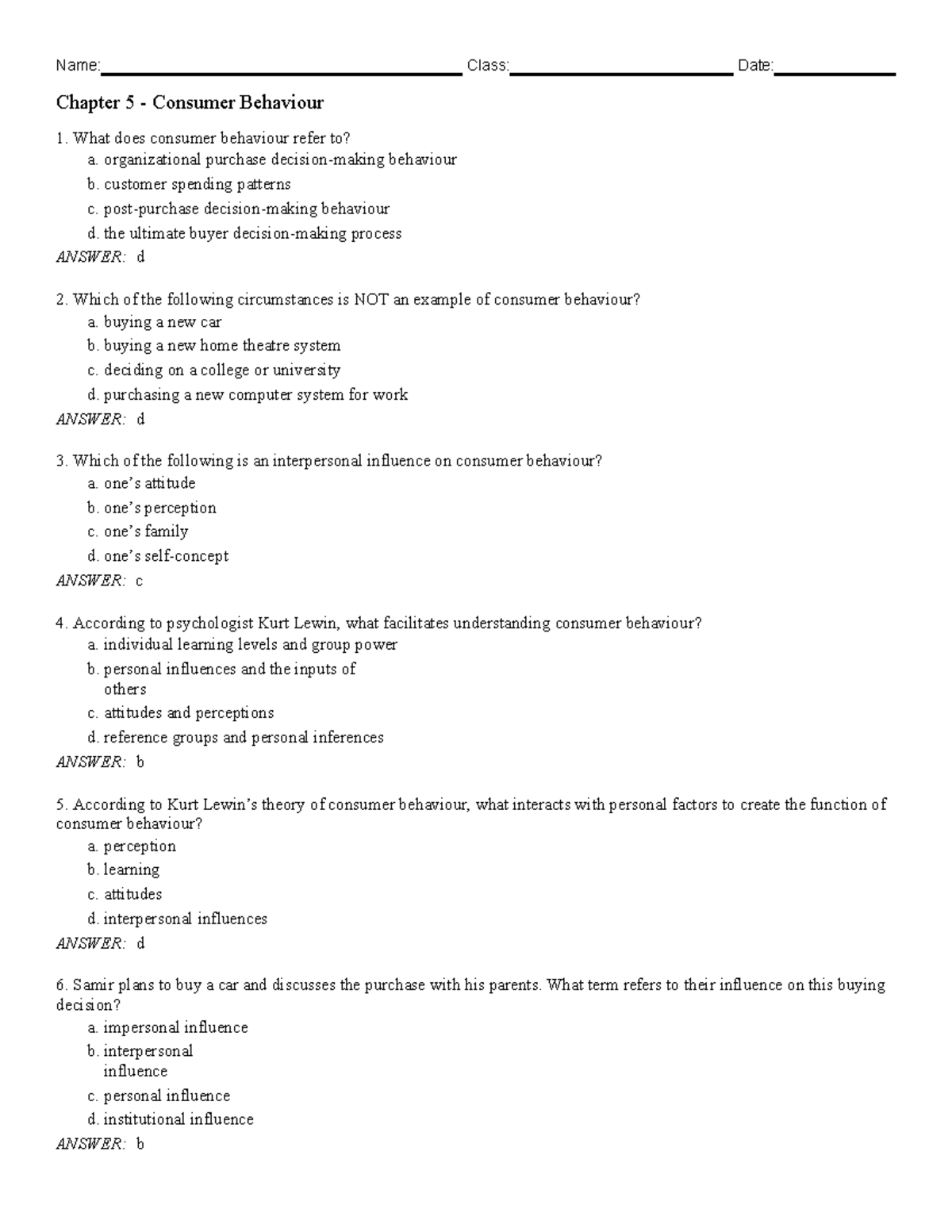 Chapter 5 Test Bank - Chapter 5 - Consumer Behaviour What Does Consumer ...