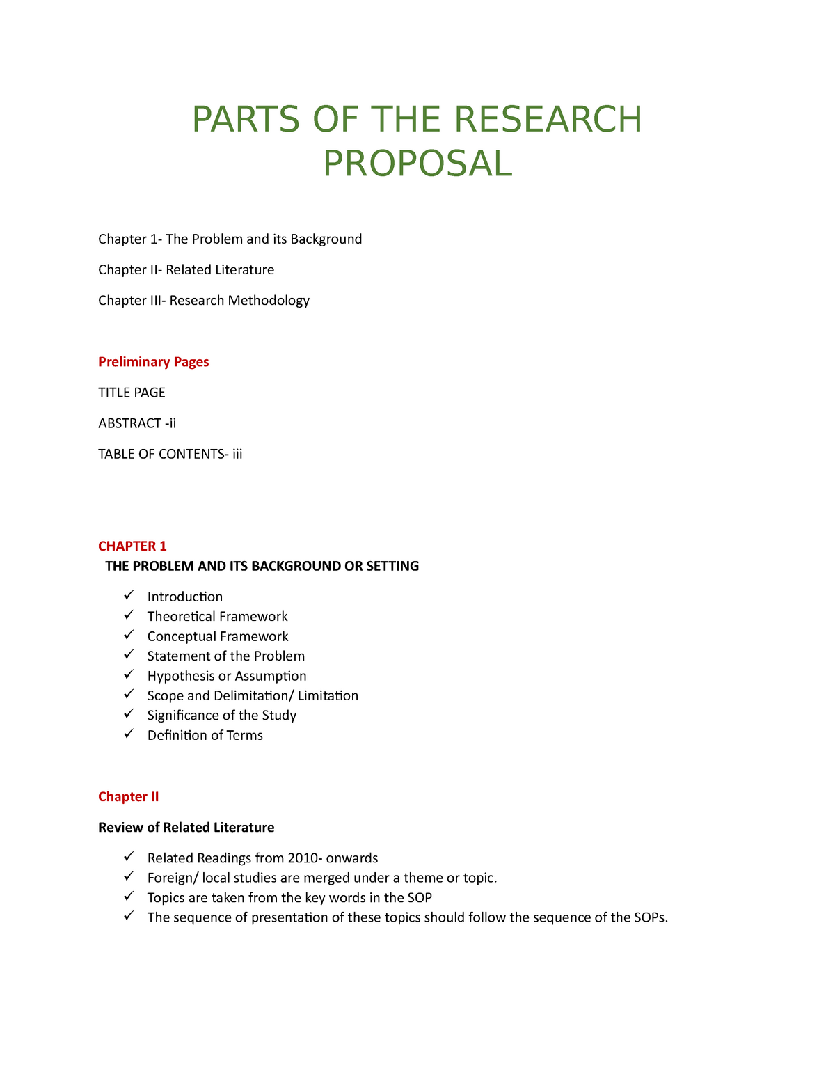 Parts OF THE Research Proposal PARTS OF THE RESEARCH PROPOSAL Chapter 