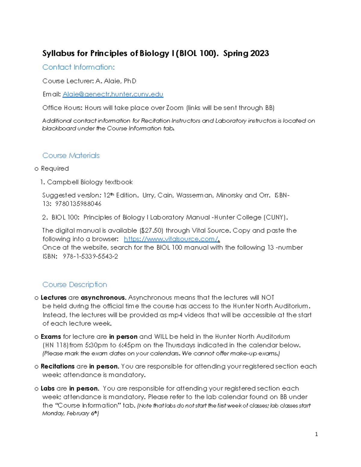 Syllabus For Principles Of Biology 1 Spring 2023 - Syllabus For ...