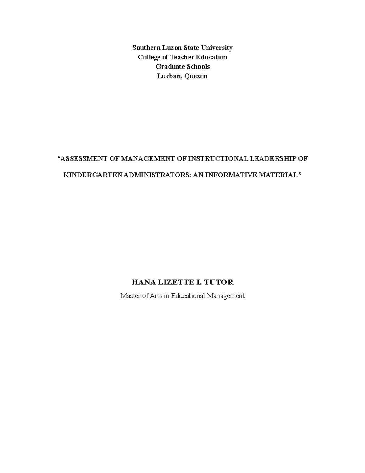 Instructional Leadersip for Kinder - Southern Luzon State University ...