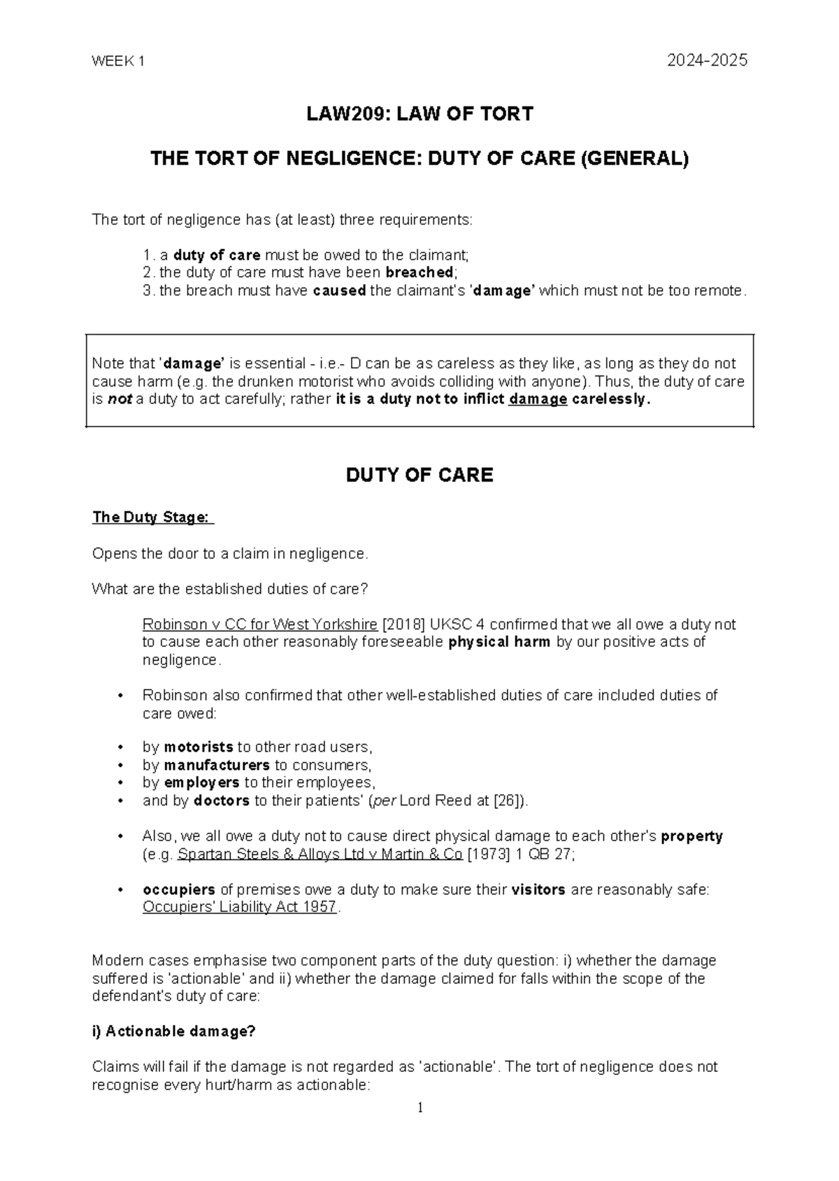 Handout - Duty of Care (General) - WEEK 1 2024- LAW209: LAW OF TORT THE ...