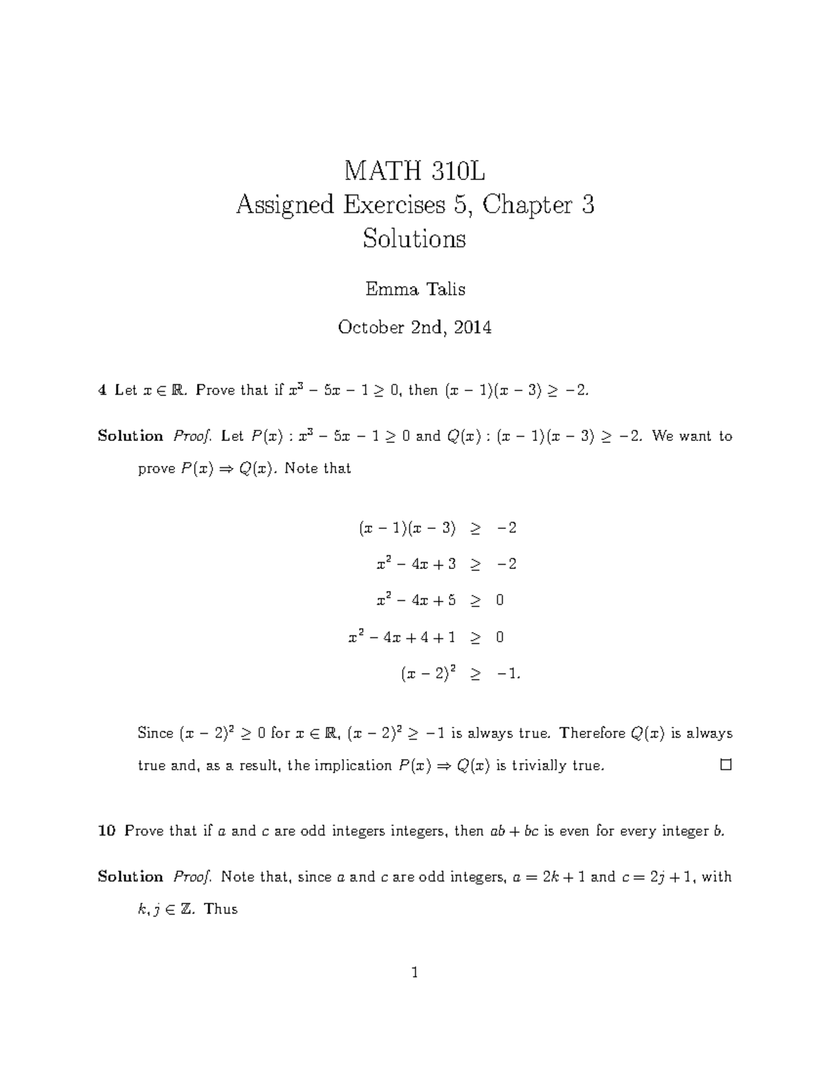 Reasoning Set 5 - MATH 310L Assigned Exercises 5, Chapter 3 Solutions ...