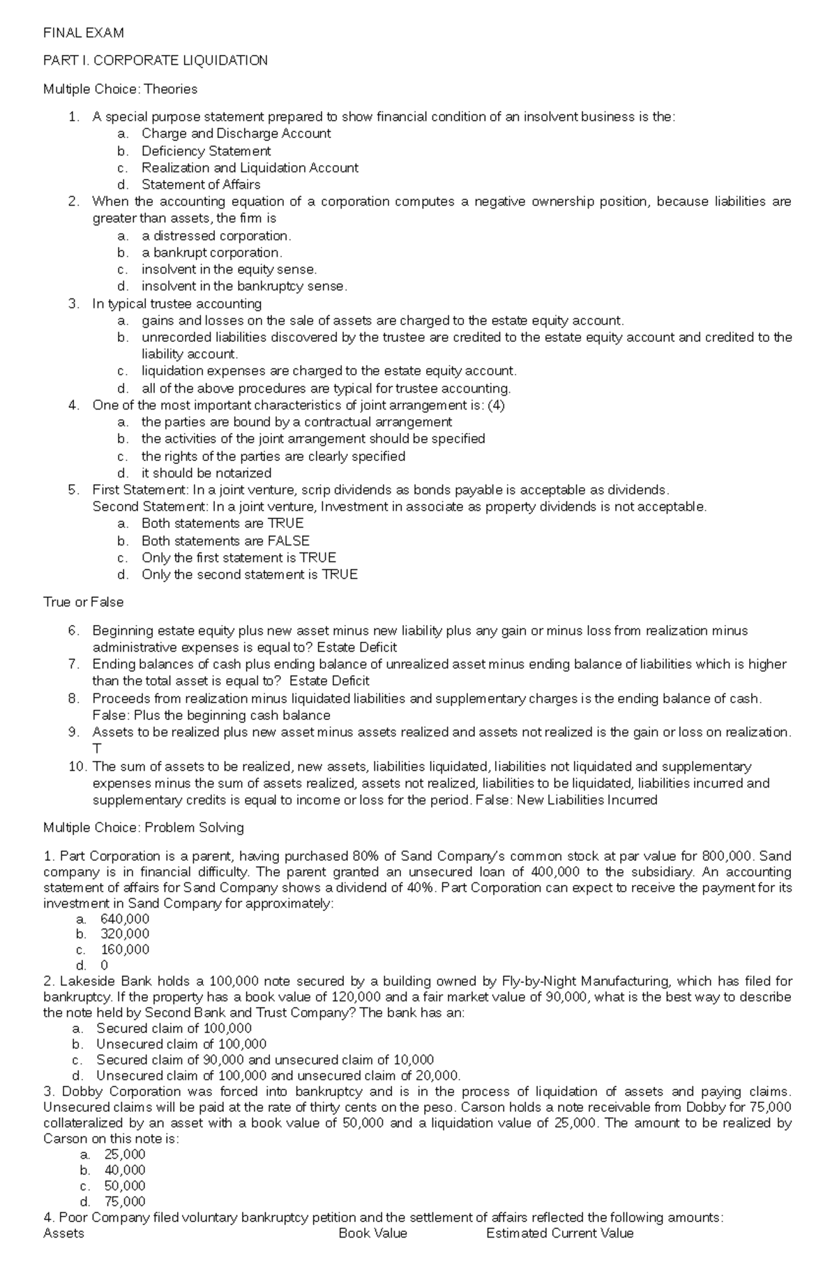 101178154 - FINAL EXAM PART I. CORPORATE LIQUIDATION Multiple Choice ...