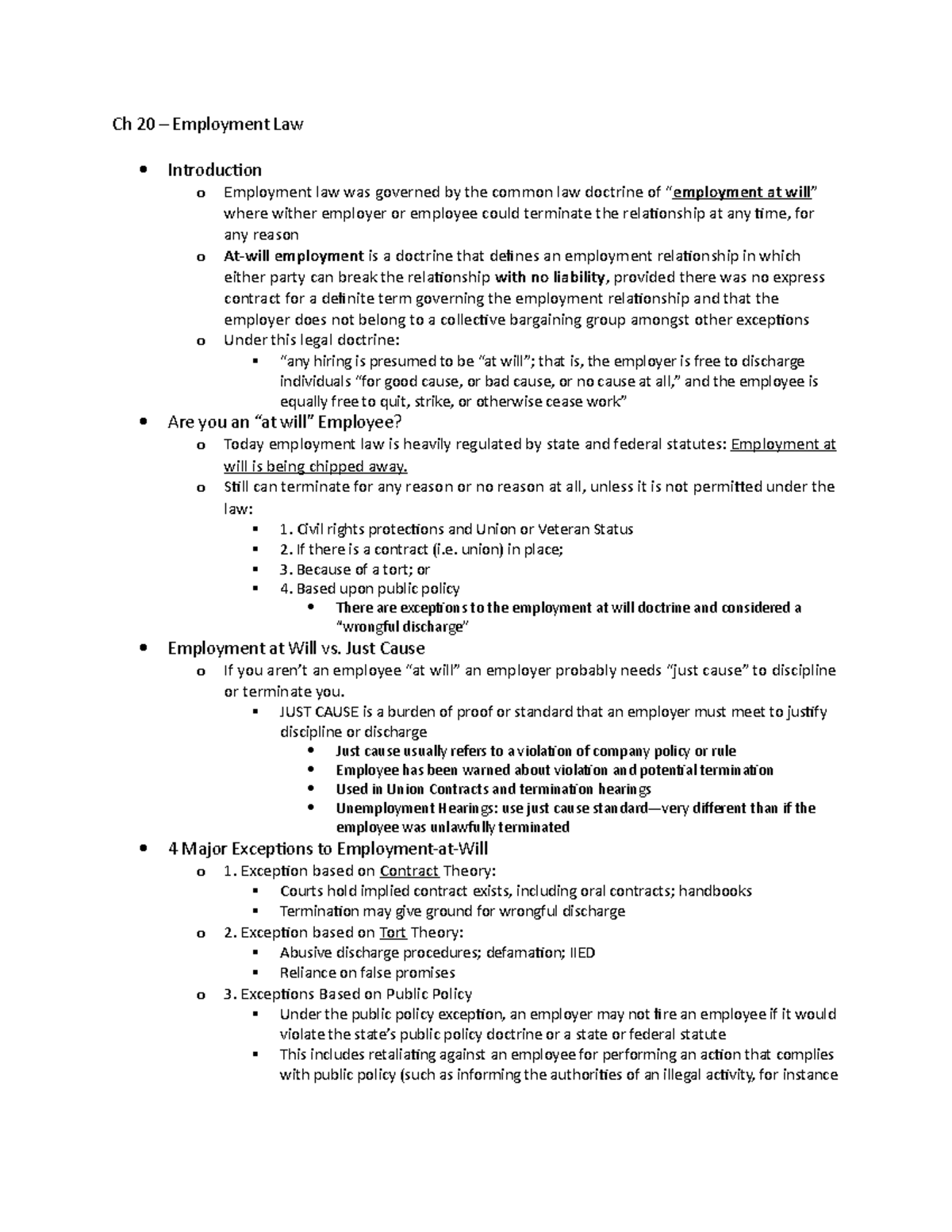 Ch 20 Notes - Ch 20 – Employment Law Introduction o Employment law was ...