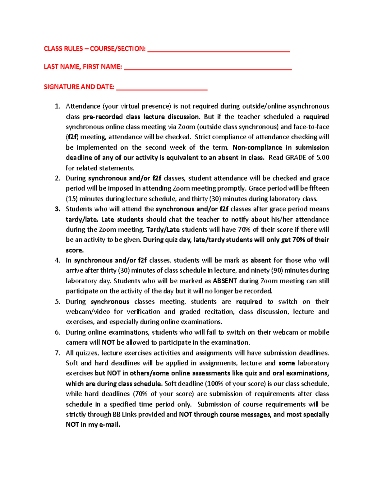 Modular Class RulesV2 CLASS RULES COURSE/SECTION