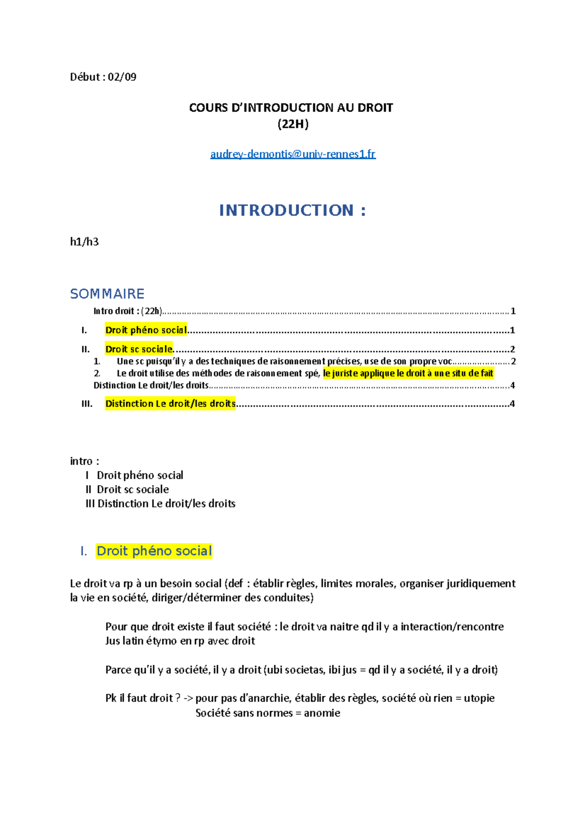 Introduction ; Cours Intro Au Droit - Début : 02/ COURS D’INTRODUCTION ...