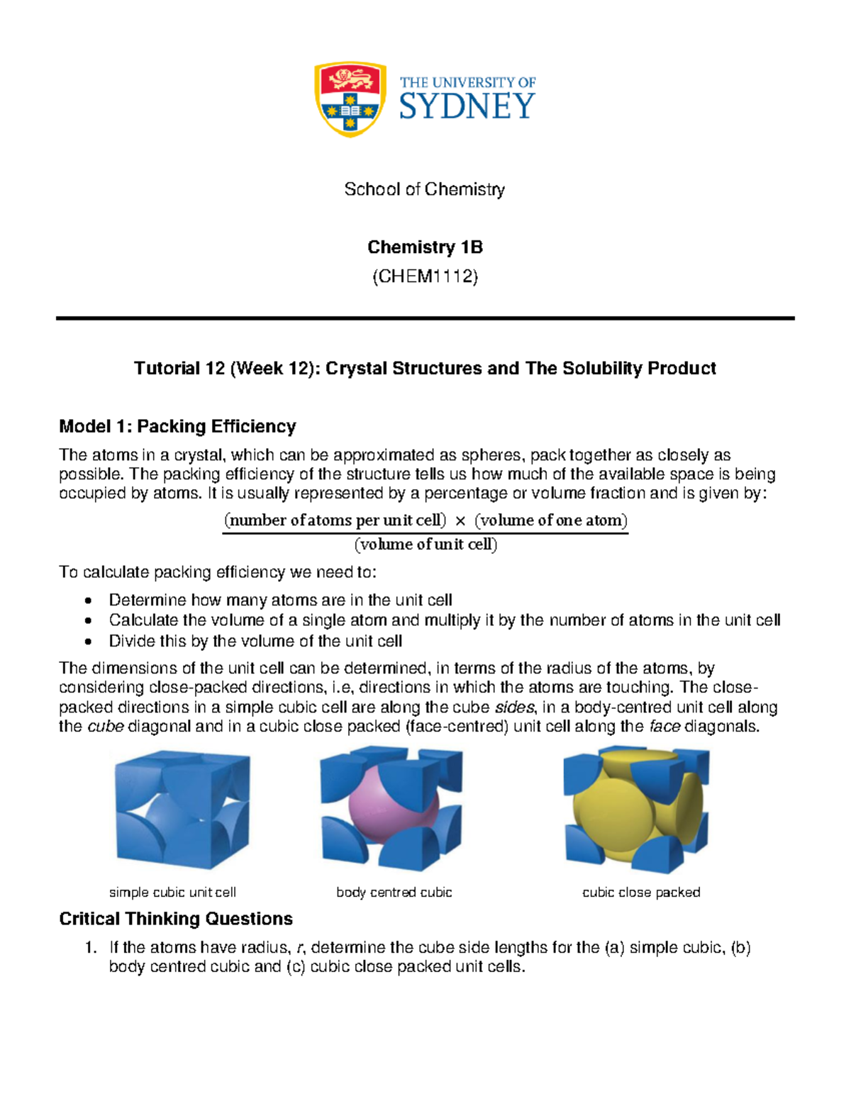 Tutorial 12 - School Of Chemistry Chemistry 1B (CHEM1112) Tutorial 12 ...