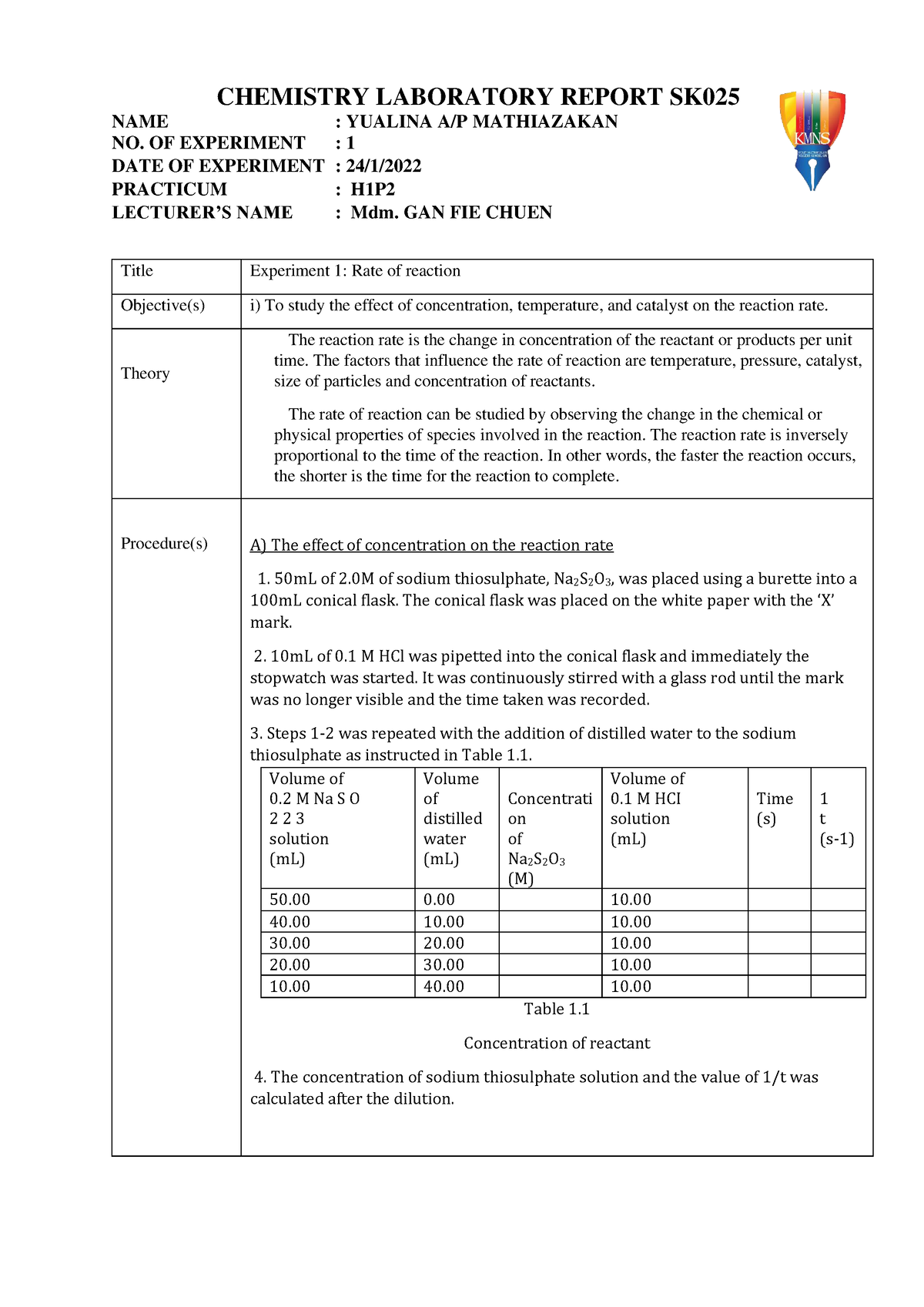 lab reaction rate assignment lab report