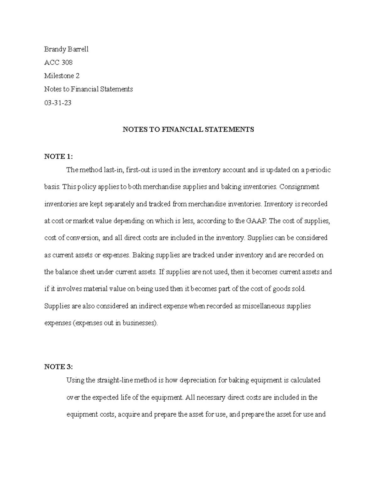 ACC 308 notes to financial staements m2 - Brandy Barrell ACC 308 ...