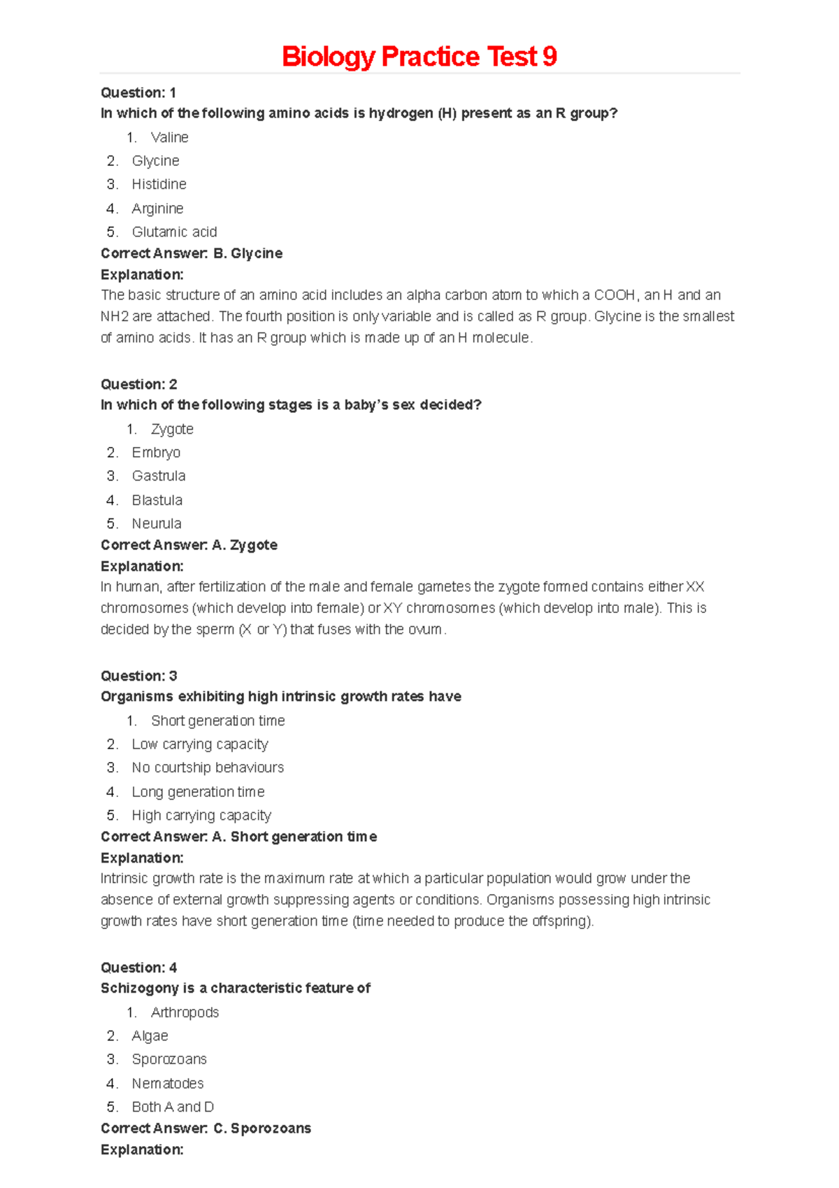 Biology Practice Test 09 Glycine Explanation The basic structure of