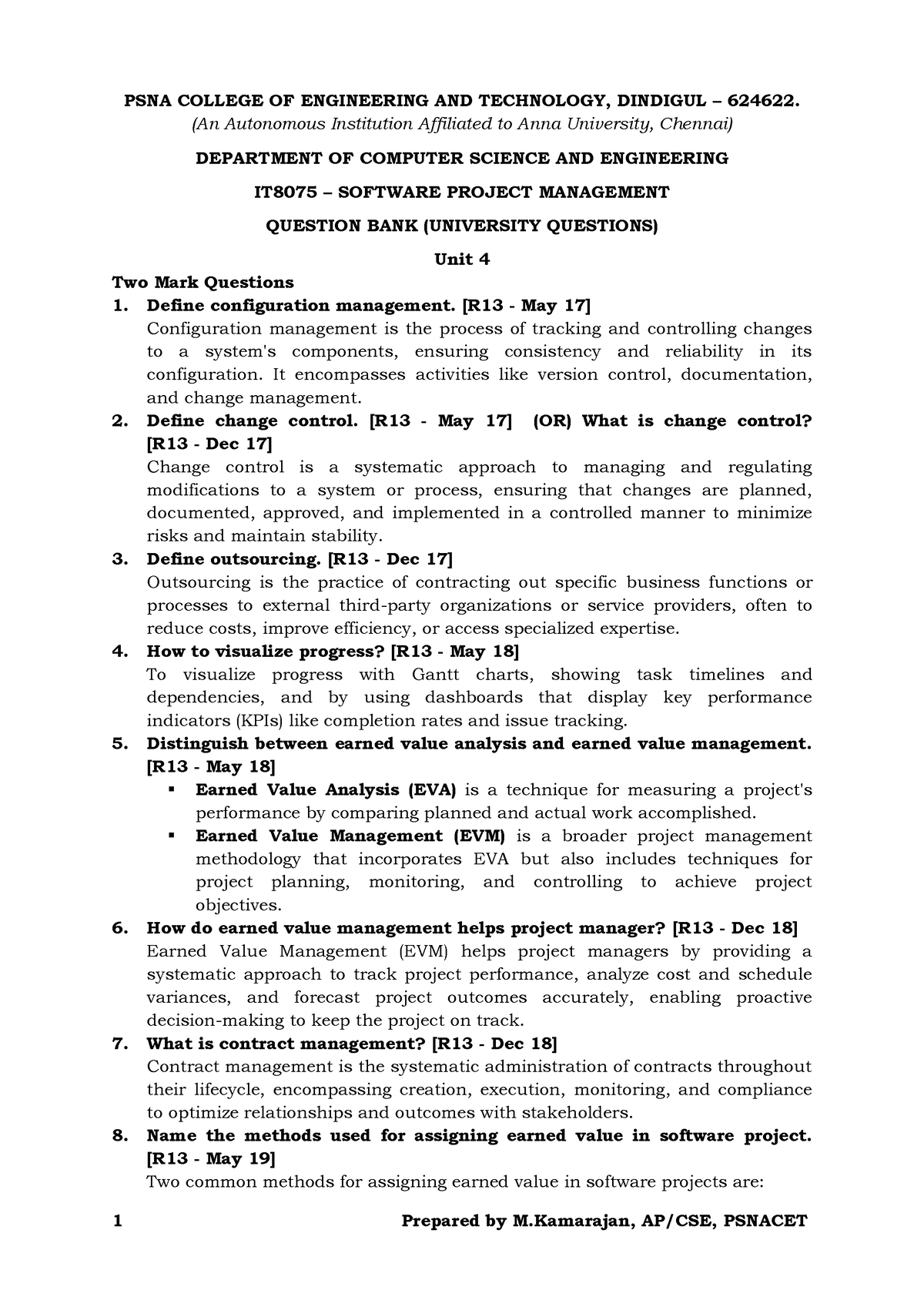 Two Marks - SPM (Unit 4) - 1 Prepared By M, AP/CSE, PSNACET PSNA ...