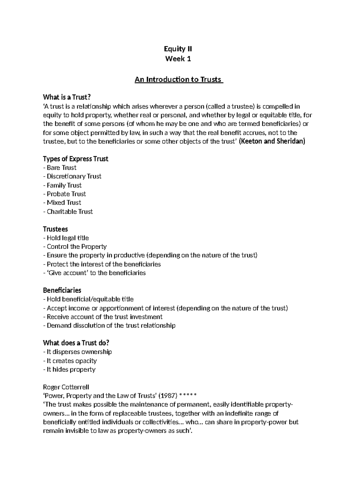 Equity II - Week 1 - Equity II Week 1 An Introduction to Trusts What is ...
