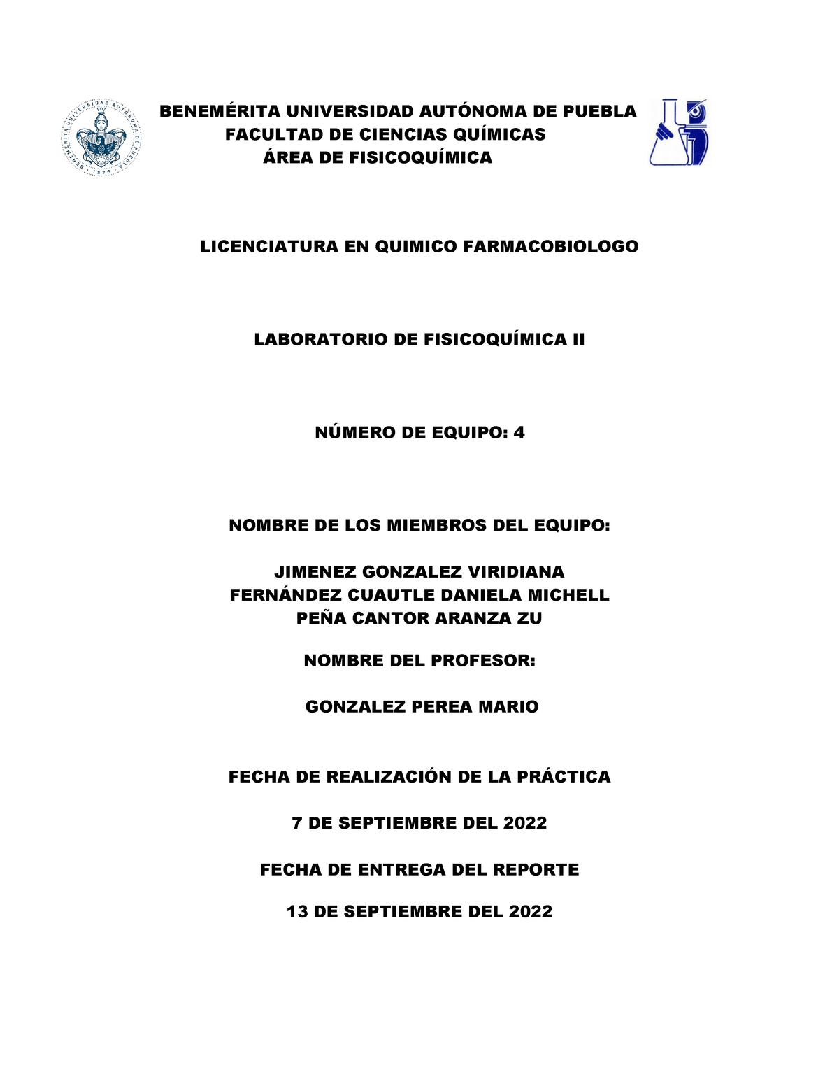 Practica 2 Fisicoquimica BenemÉrita Universidad AutÓnoma De Puebla Facultad De Ciencias 2713