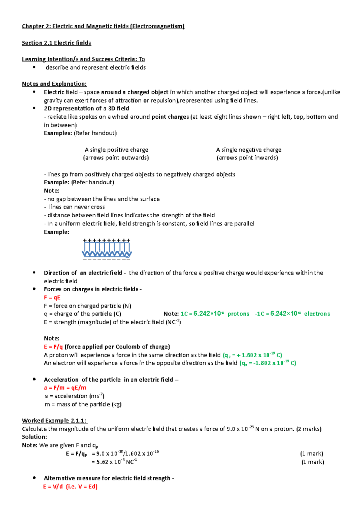 Yr 12 Phy Chapter 2 Handouts (Electric And Magnetic Fields) - Chapter 2 ...