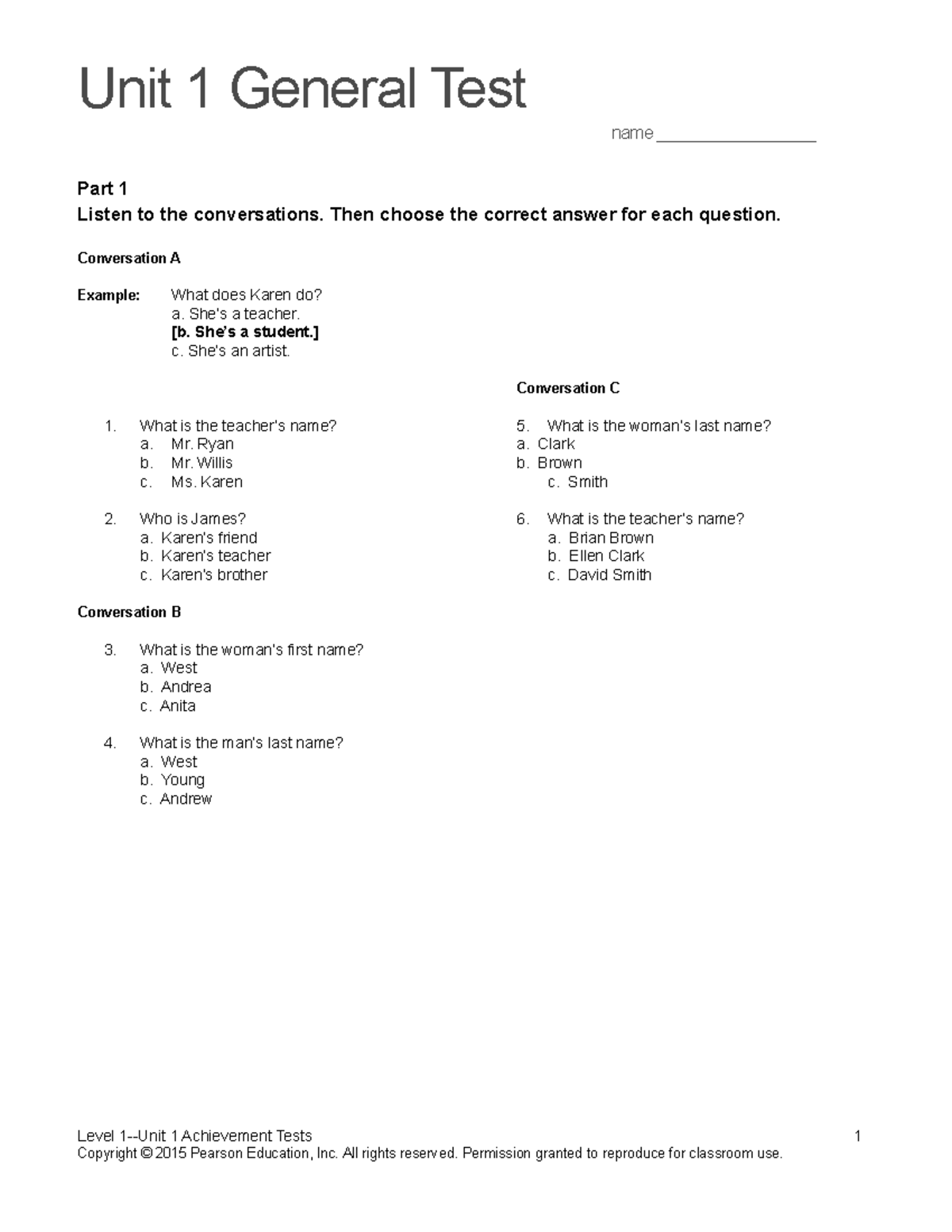 Top Notch 1 Unit 1 Unit 1 General Test Name Part 1 