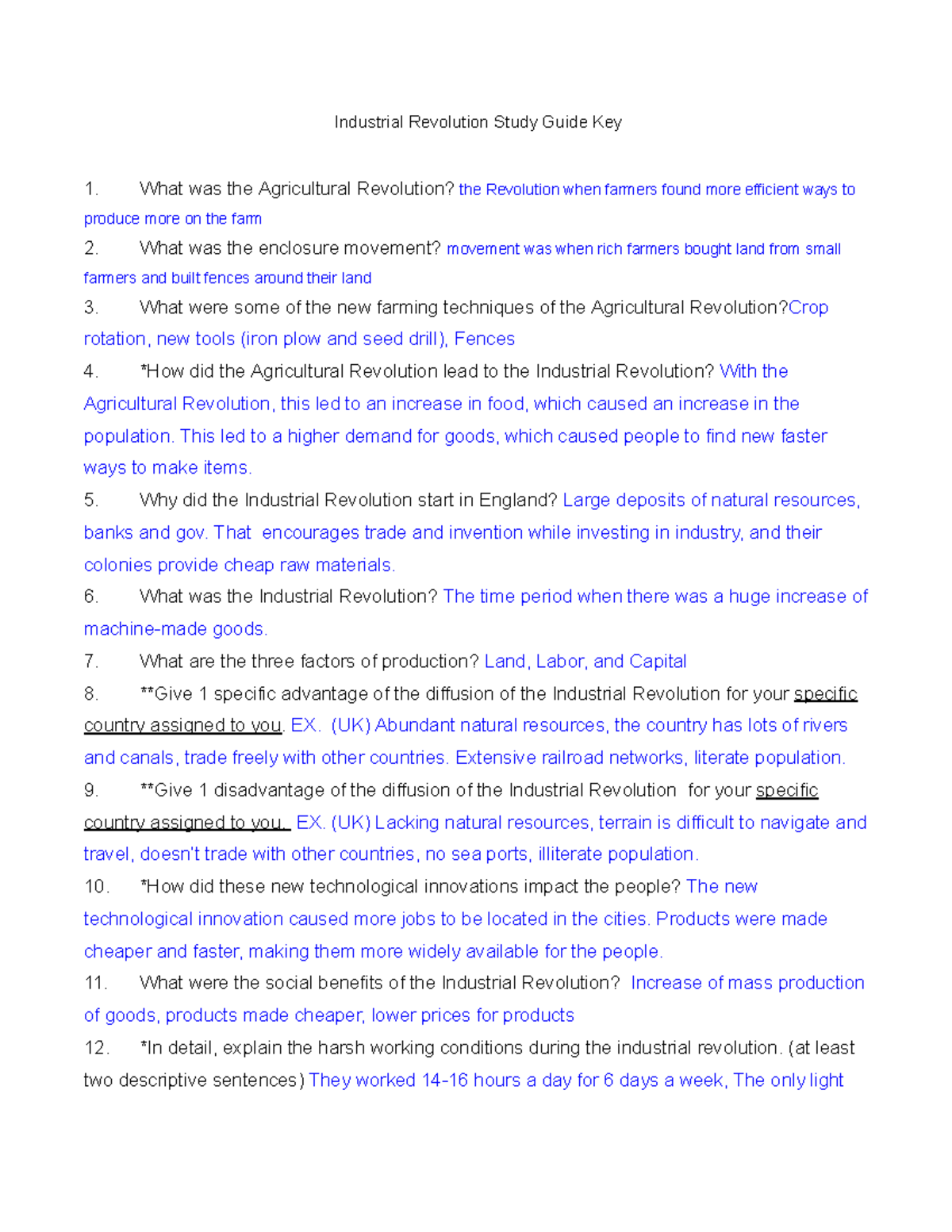 Industrial Revolution Study Guide Key - This Led To A Higher Demand For ...