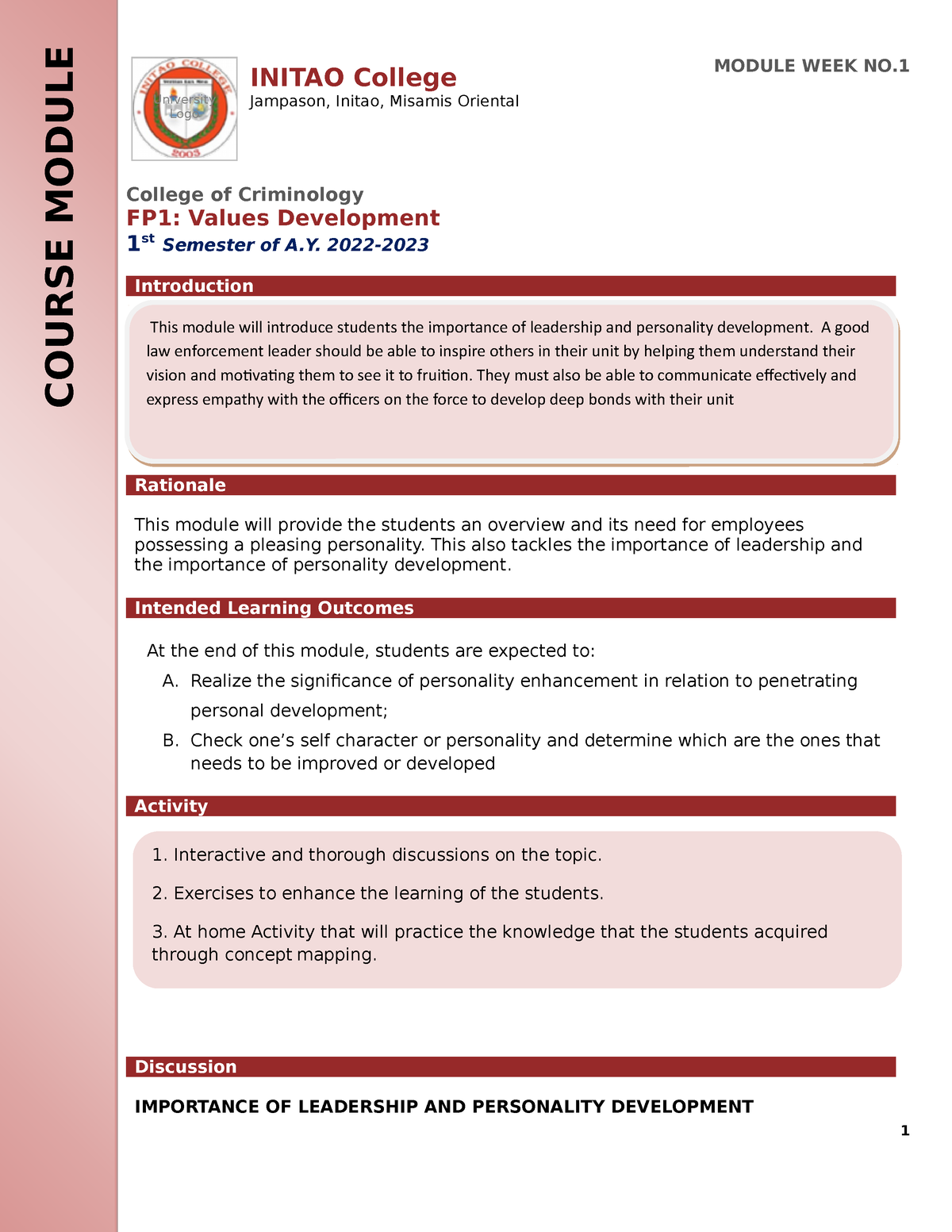 FP1 -Module 1 - College of Criminology FP1: Values Development 1 st ...