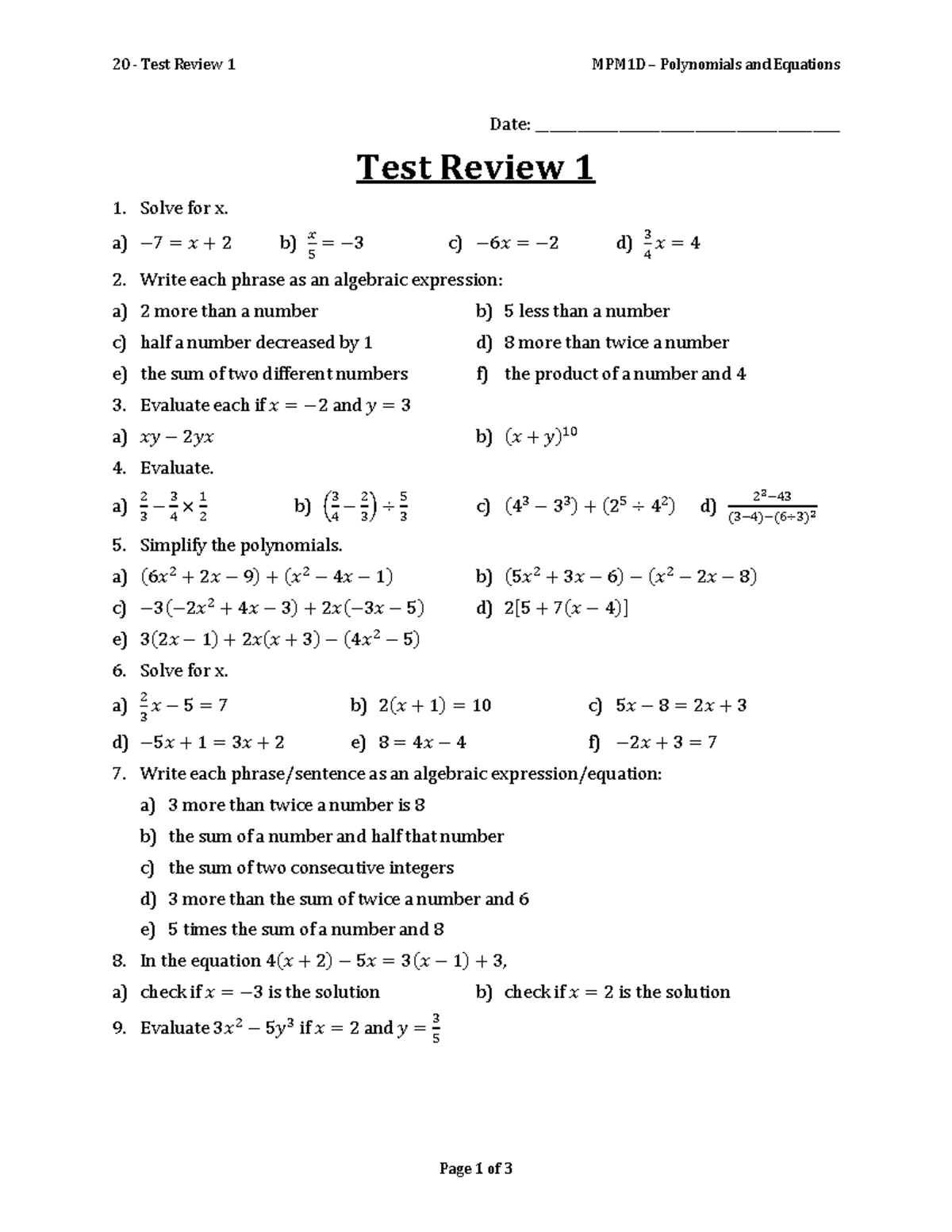 Test Review 1 - A) −7 = + 2 B) = −3 C) −6 = −2 D) = 4 Write Each Phrase ...