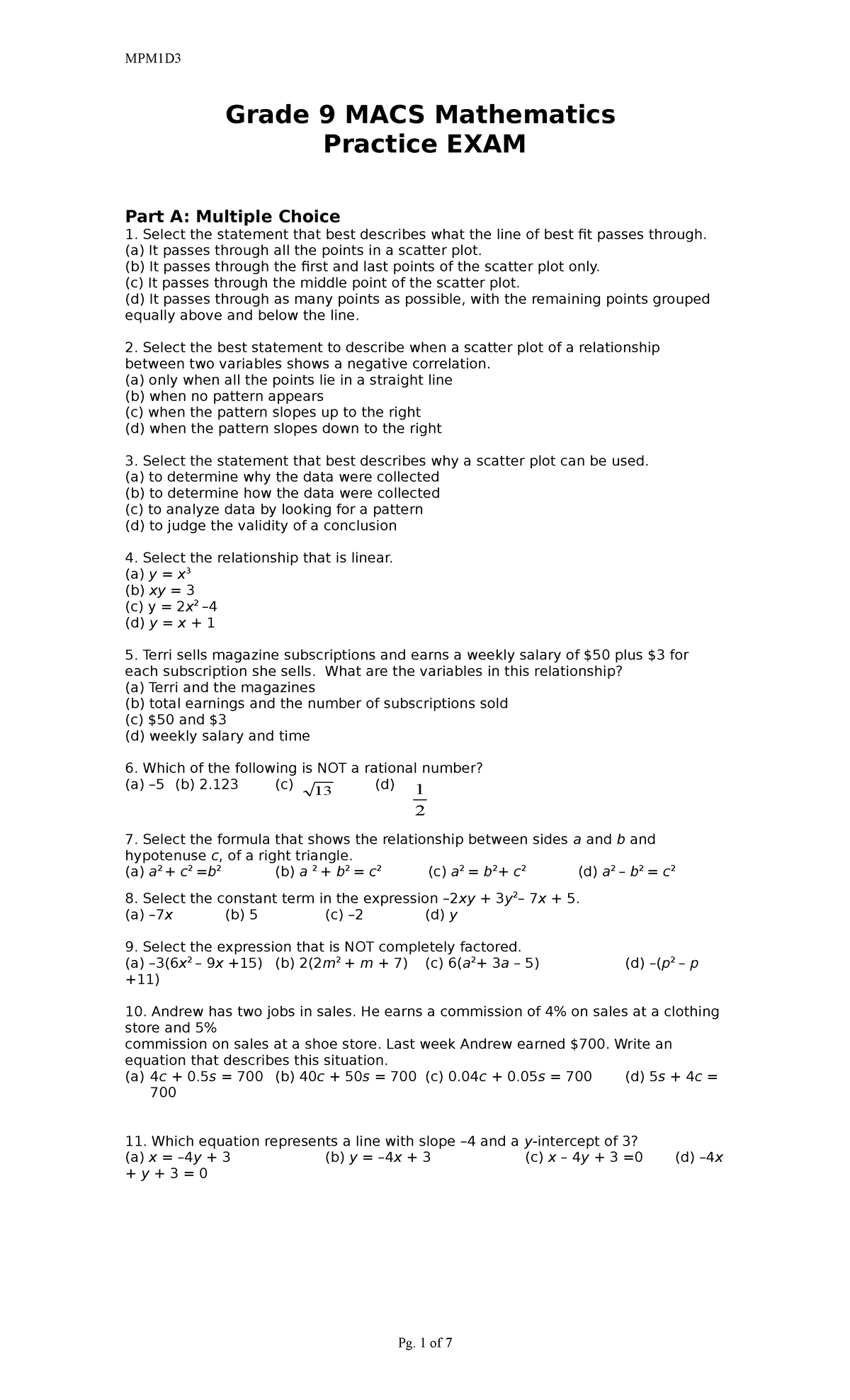 Sample Practice Exam Grade 9 Macs Mathematics Practice Exam Part A Multiple Choice Select The Studocu