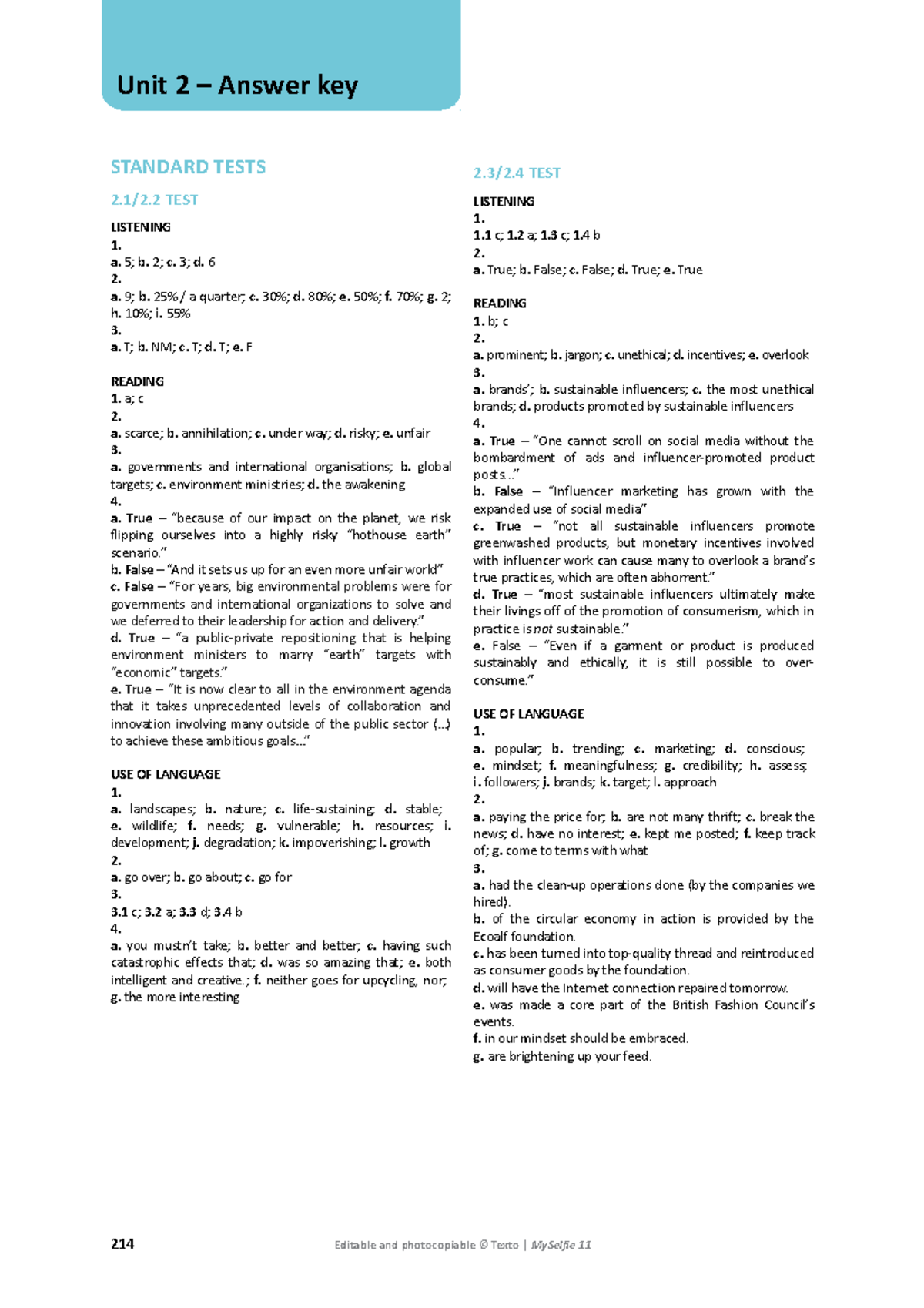 Answer Key U2 - Ububniinin - STANDARD TESTS 2.1/2 TEST LISTENING 1. a ...