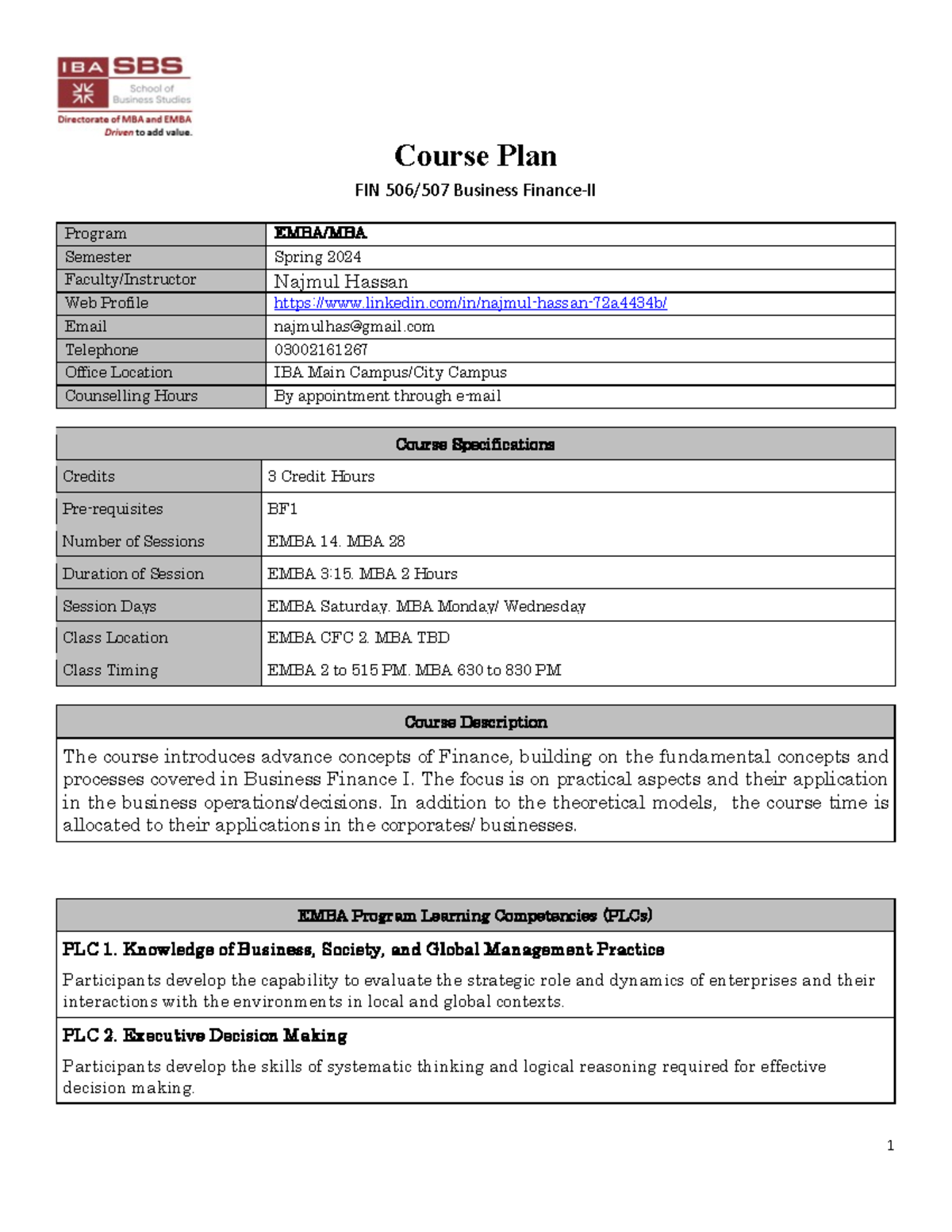 Outline Embamb spring 24 - Course Plan FIN 506/507 Business Finance-II ...