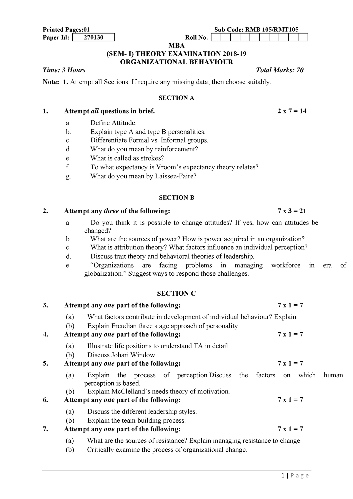 Organizational-behaviour - 1 | P a g e Printed Pages:01 Sub Code: RMB ...