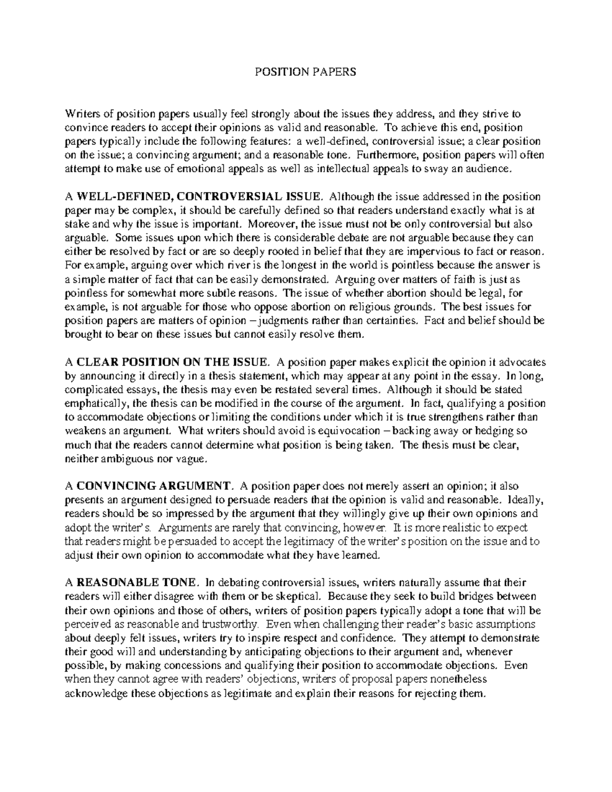 Position Papers - POSITION PAPERS Writers of position papers usually ...