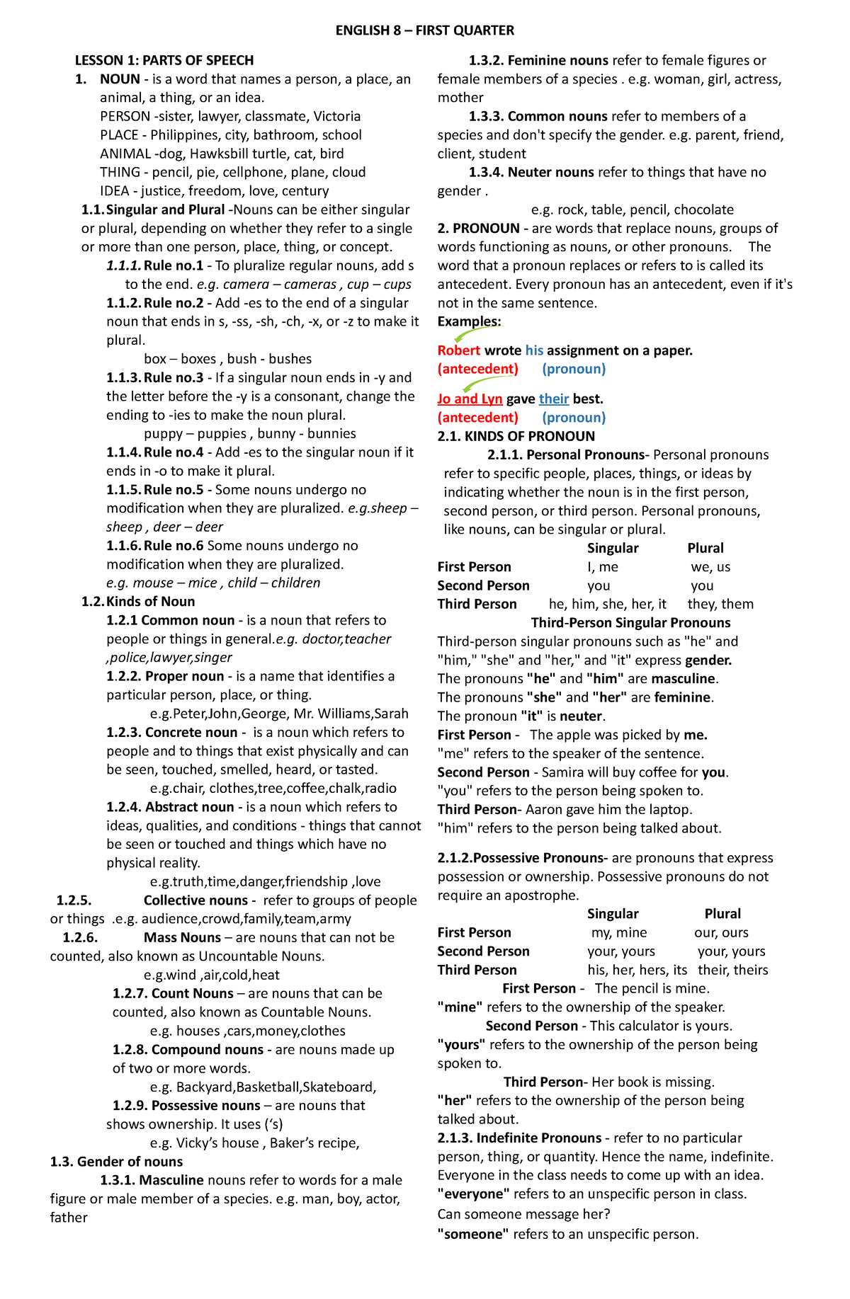 Lectures N a LESSON 1 PARTS OF SPEECH NOUN Is A Word That Names 