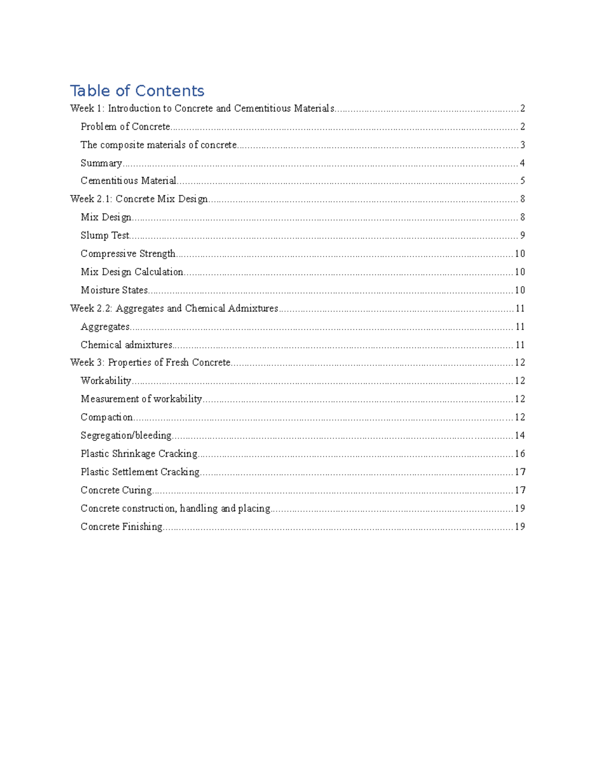CIV2235 concrete notes Table of Contents Week 1 Introduction to
