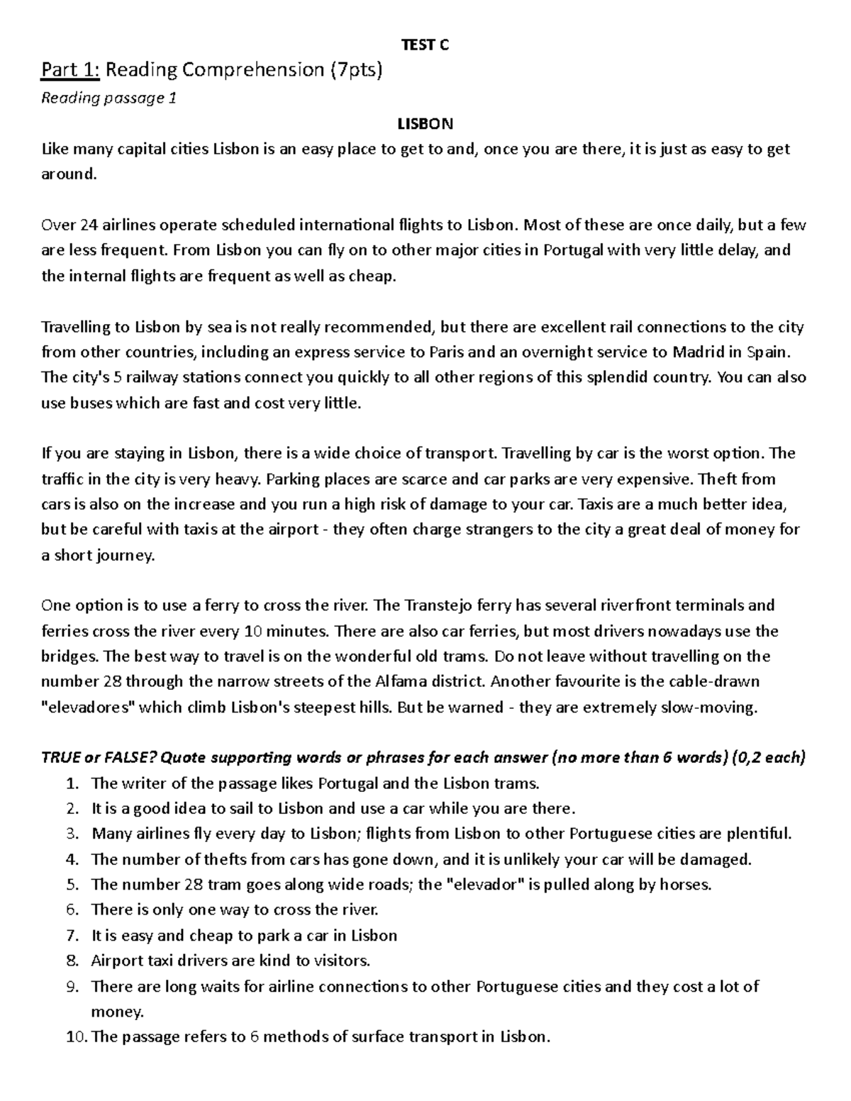 Test C - Test C.pdf - TEST C Part 1: Reading Comprehension (7pts ...