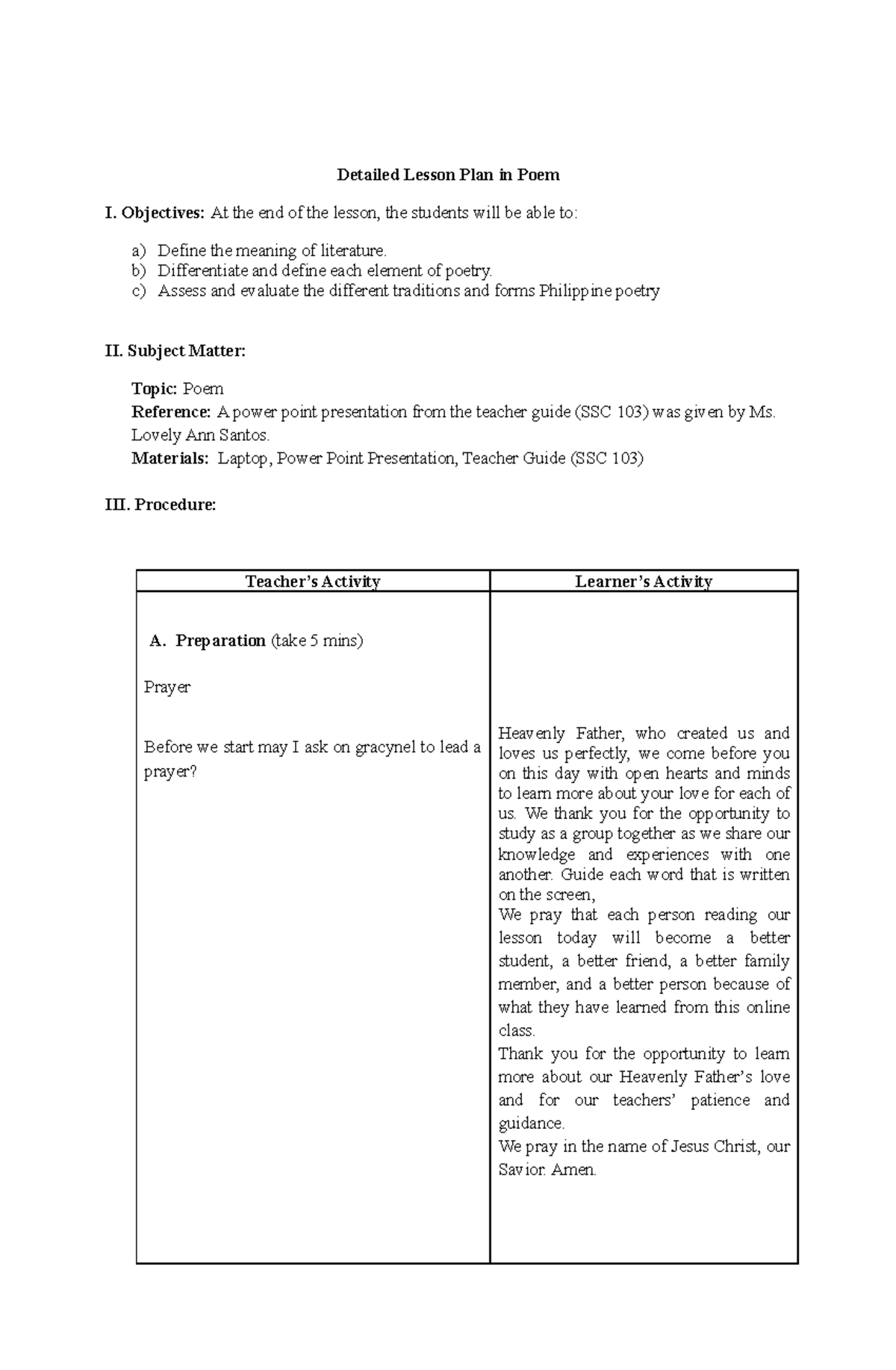 Detailed Lesson Plan POEM IN EDUCATION Detailed Lesson Plan In Poem I 
