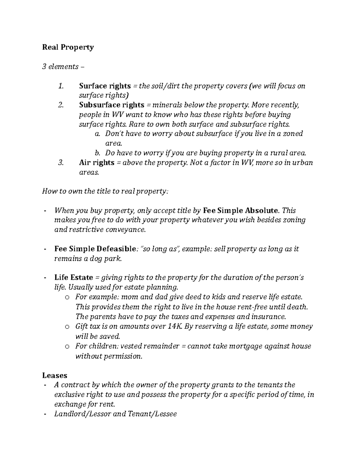 Business Law Test 3 Notes Real Property 3 elements Surface rights