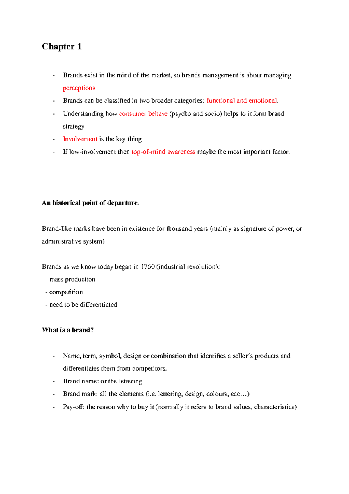 Summary Brand Management - Chapter 1 Brands exist in the mind of the ...