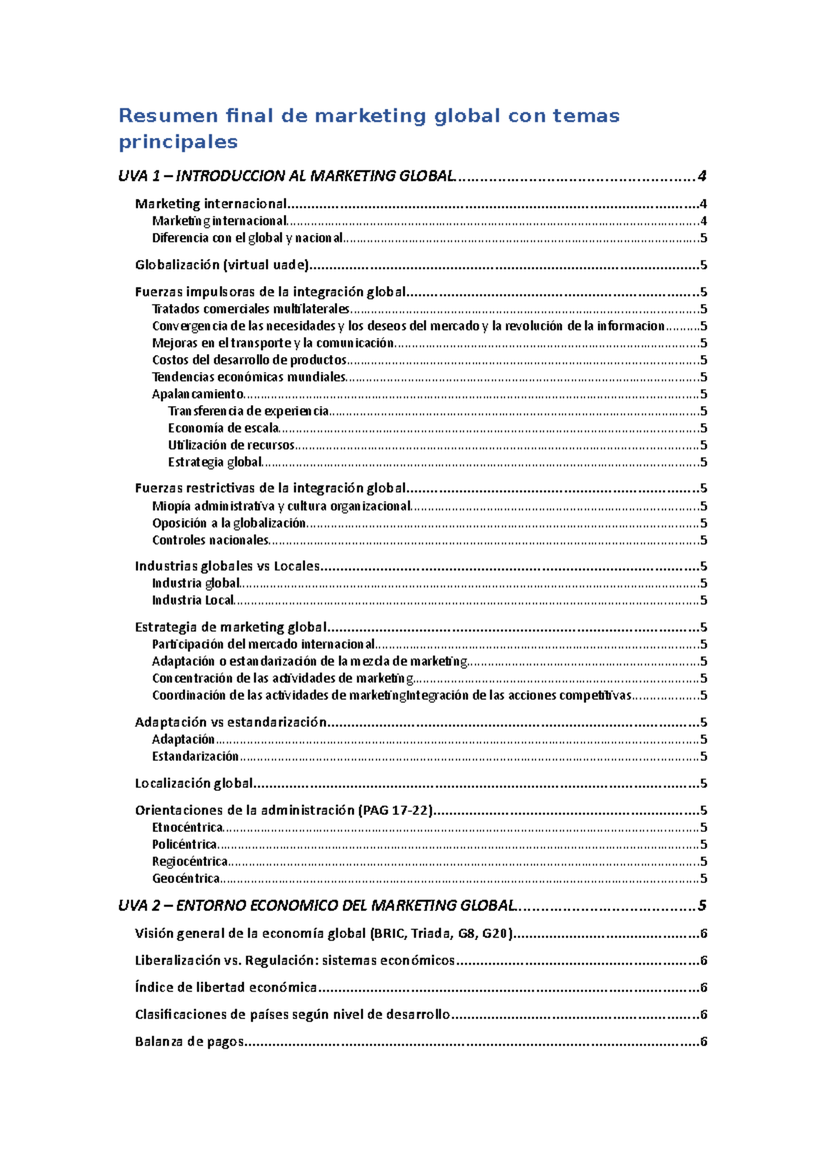 Resumen Marketing Global con temas principales - Resumen final de ...