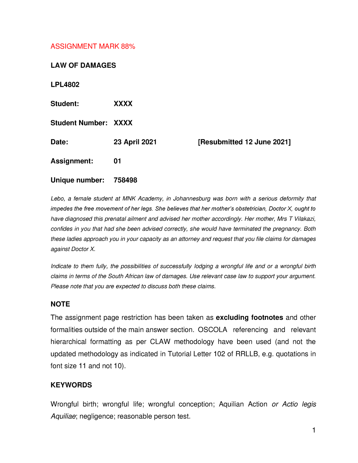 law of damages assignment 2 2021