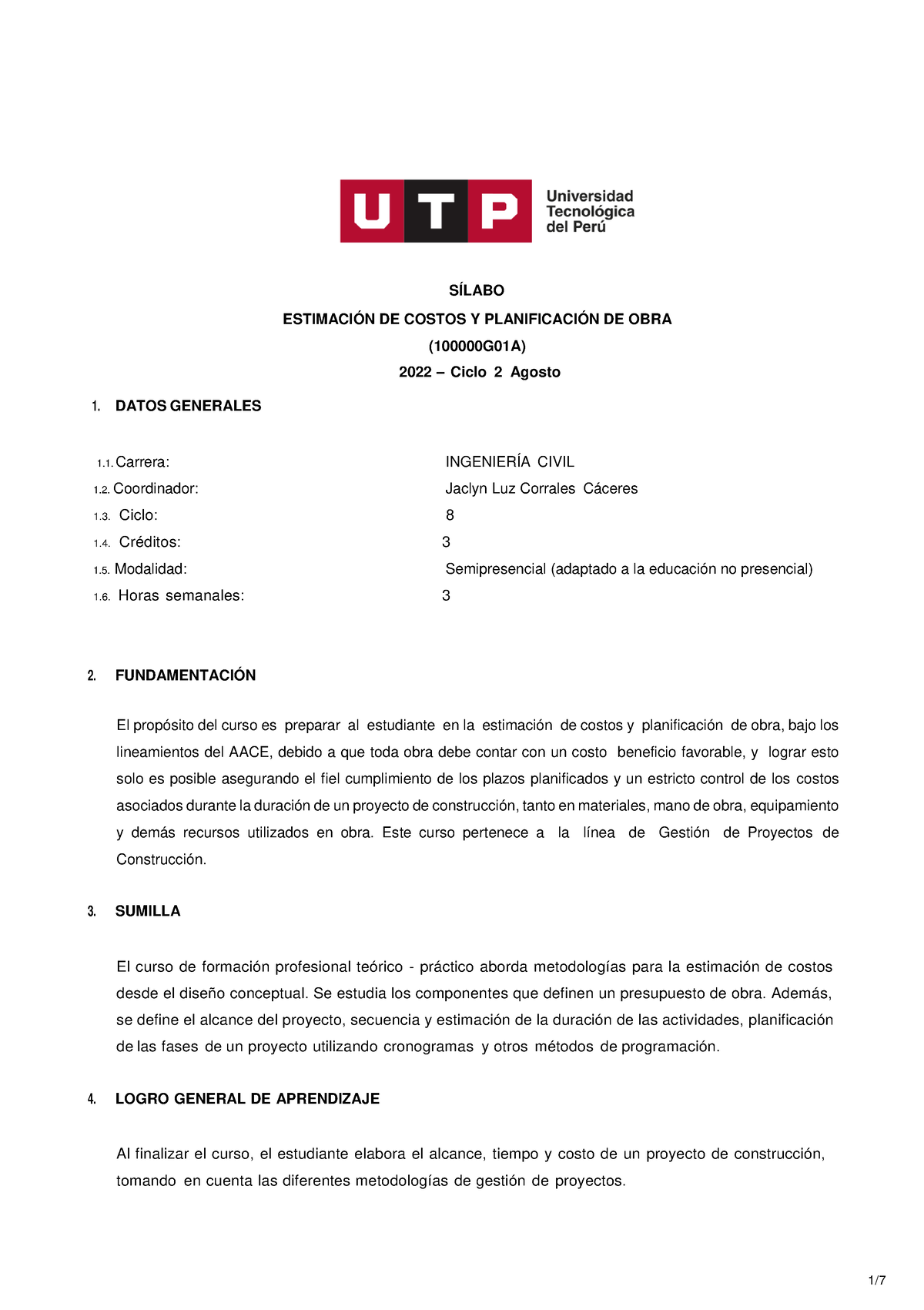 Silabus Del Curso - SÍLABO ESTIMACIÓN DE COSTOS Y PLANIFICACIÓN DE OBRA ...