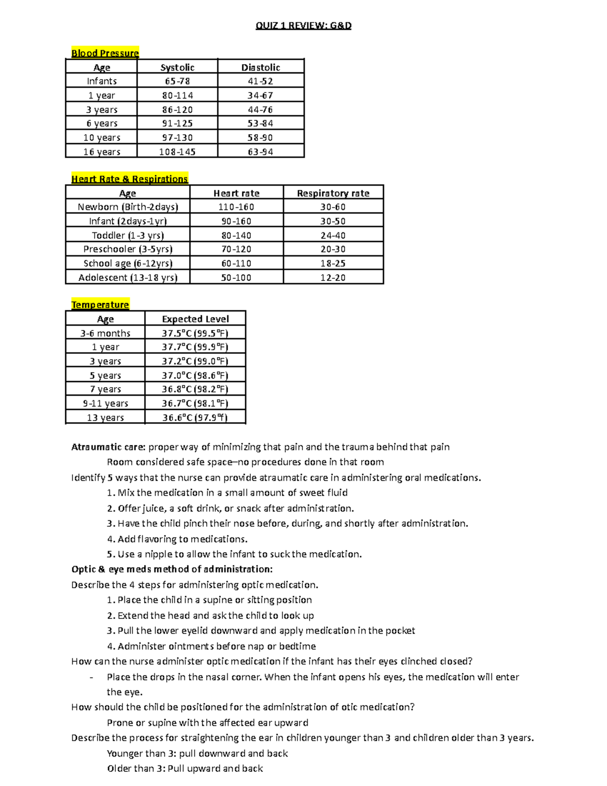 PEDS QUIZ 1 Review Week 1 notes QUIZ 1 REVIEW G&D Blood Pressure