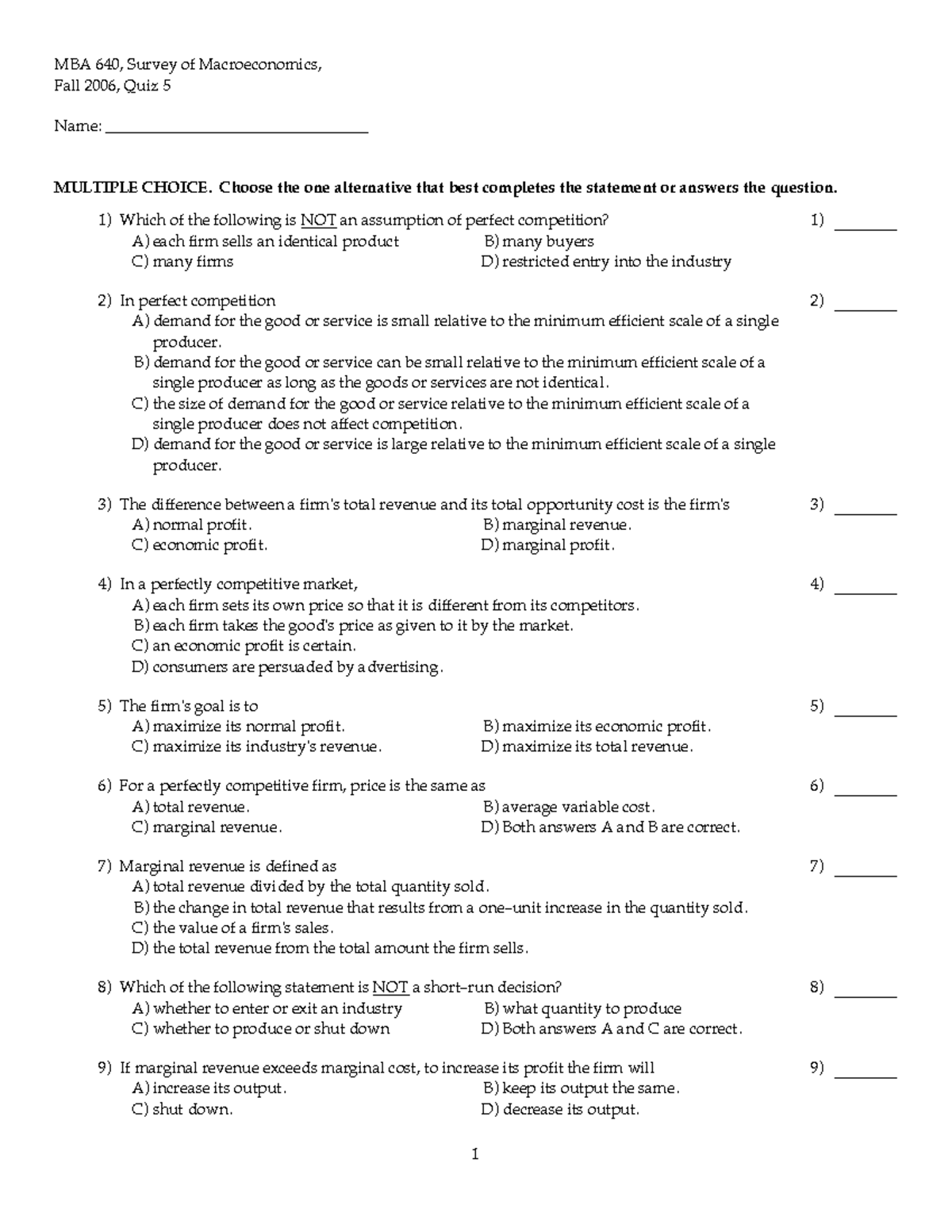 Micro quiz 5 - TESTBANK CHAPTER 1 TO 8 - MBA 640, Survey of ...