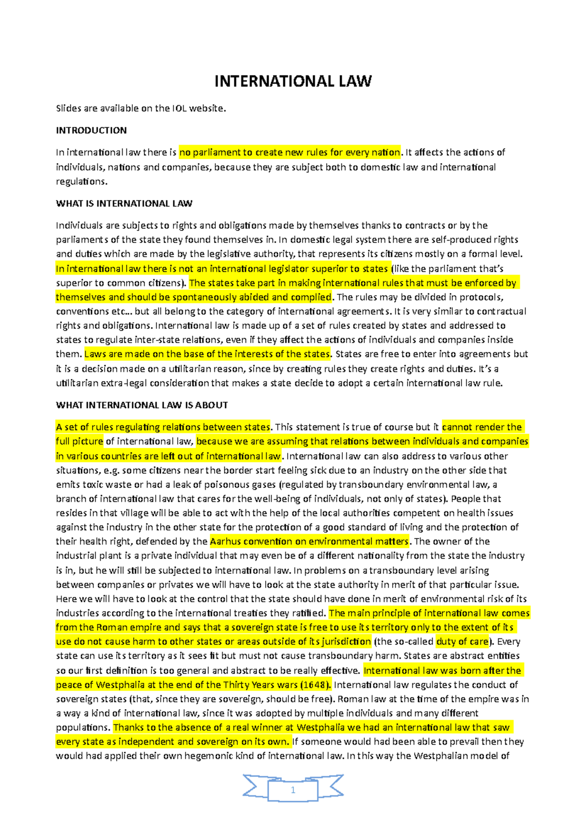 International LAW notes - INTERNATIONAL LAW Slides are available on the ...
