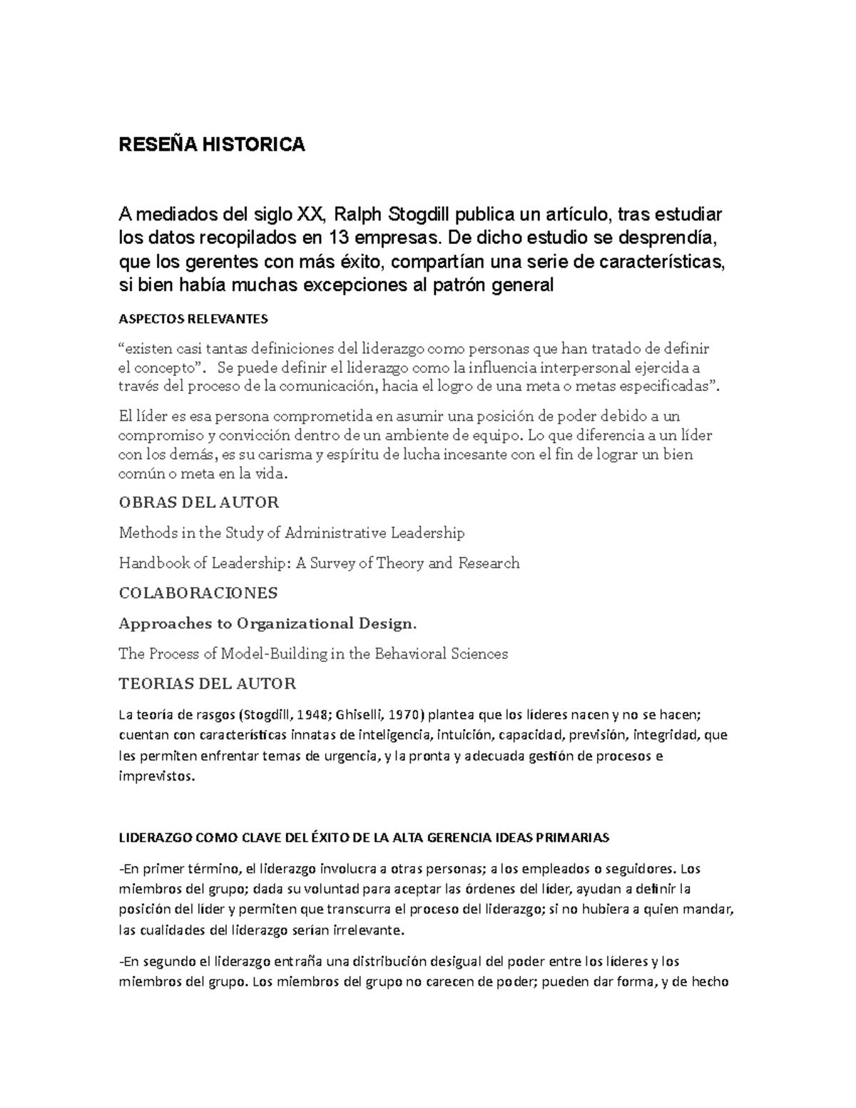 Reseña Historica Ralph Stogdill - RESEÑA HISTORICA A mediados del siglo ...