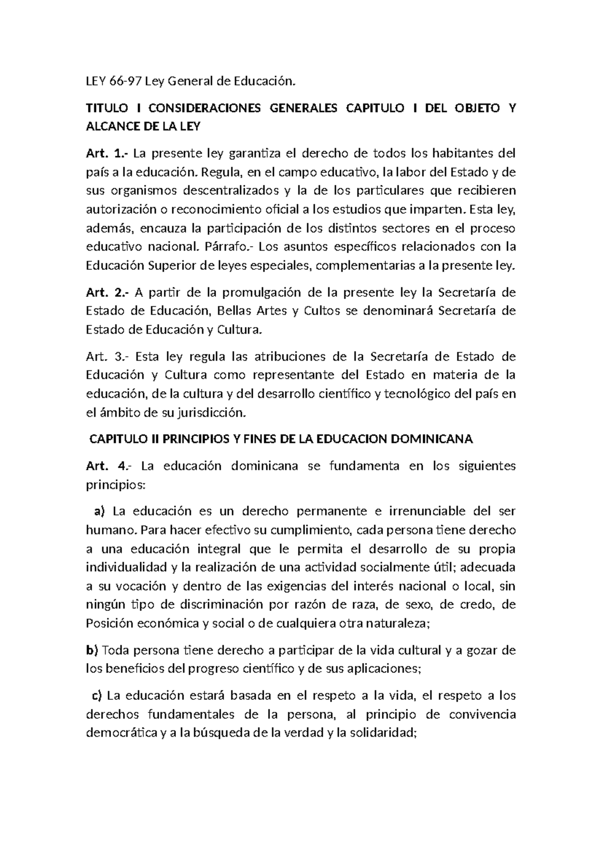 LEY 66 - ley 66 - LEY 66-97 Ley General de Educación. TITULO I ...