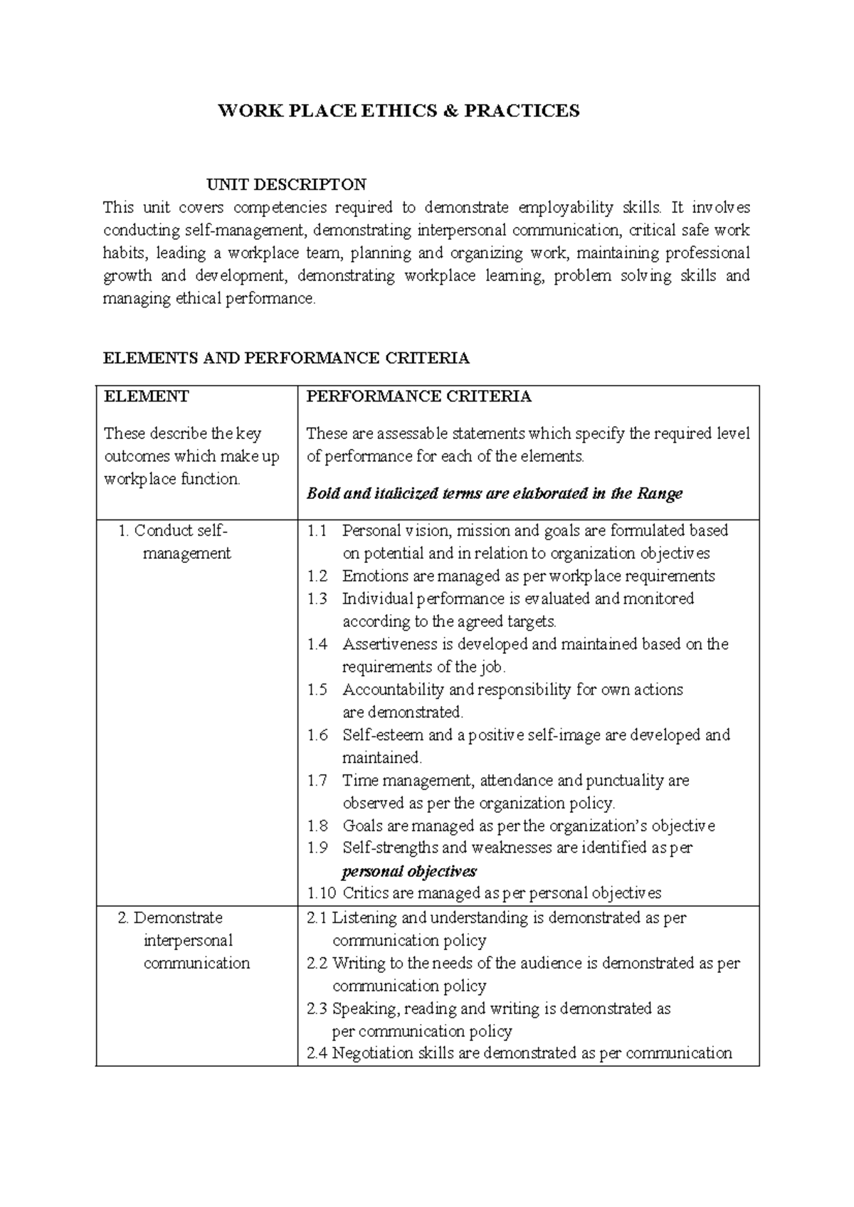 WORK Place Ethics course description - WORK PLACE ETHICS & PRACTICES ...