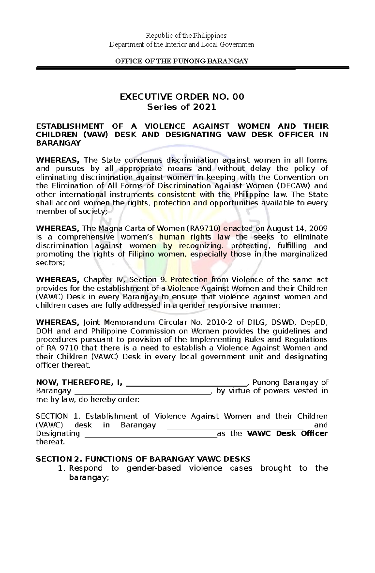 Eo vawc desk - vawc desk eo - Republic of the Philippines Department of ...