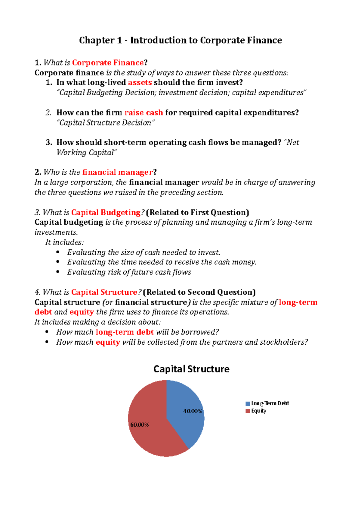 Fundamentals of Corporate Finance - Chapter 1 Definitions - Chapter 1 ...