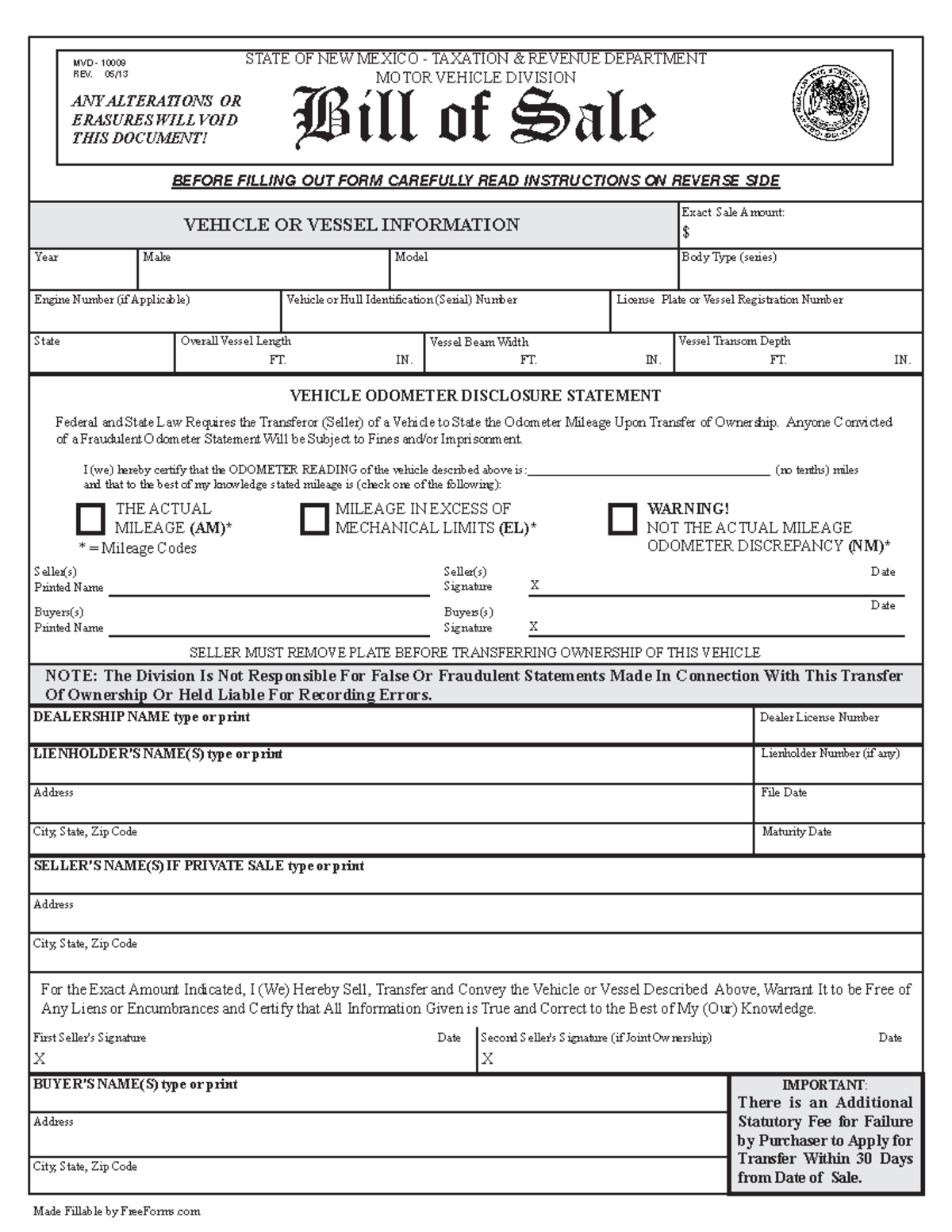 New Mexico Bill of Sale Form for Motor Vehicle Trailer or Boat - Engine ...