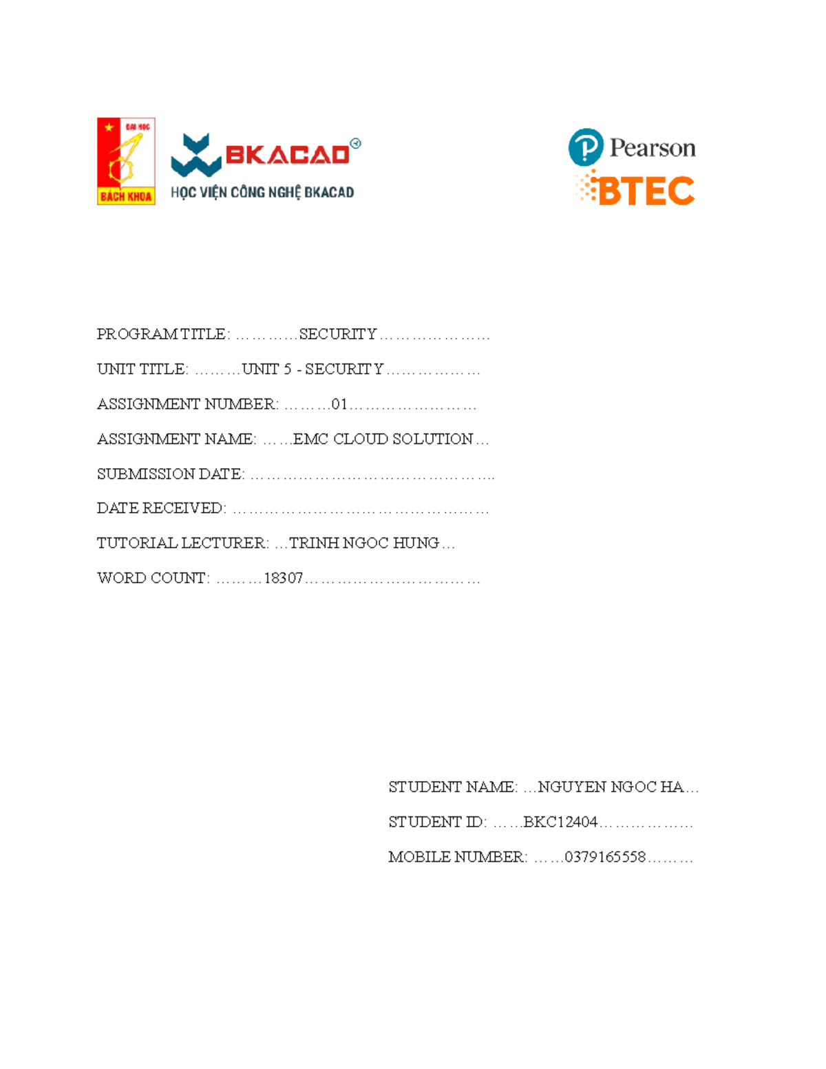 Assignment Security - PROGRAM TITLE ...