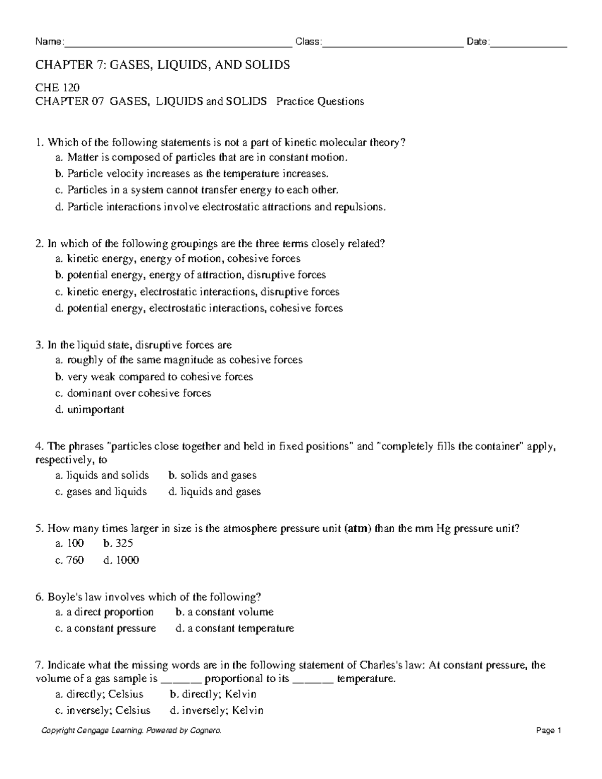Chapter 07 Gases Liquids and Solids Practice Questions CHAPTER 7