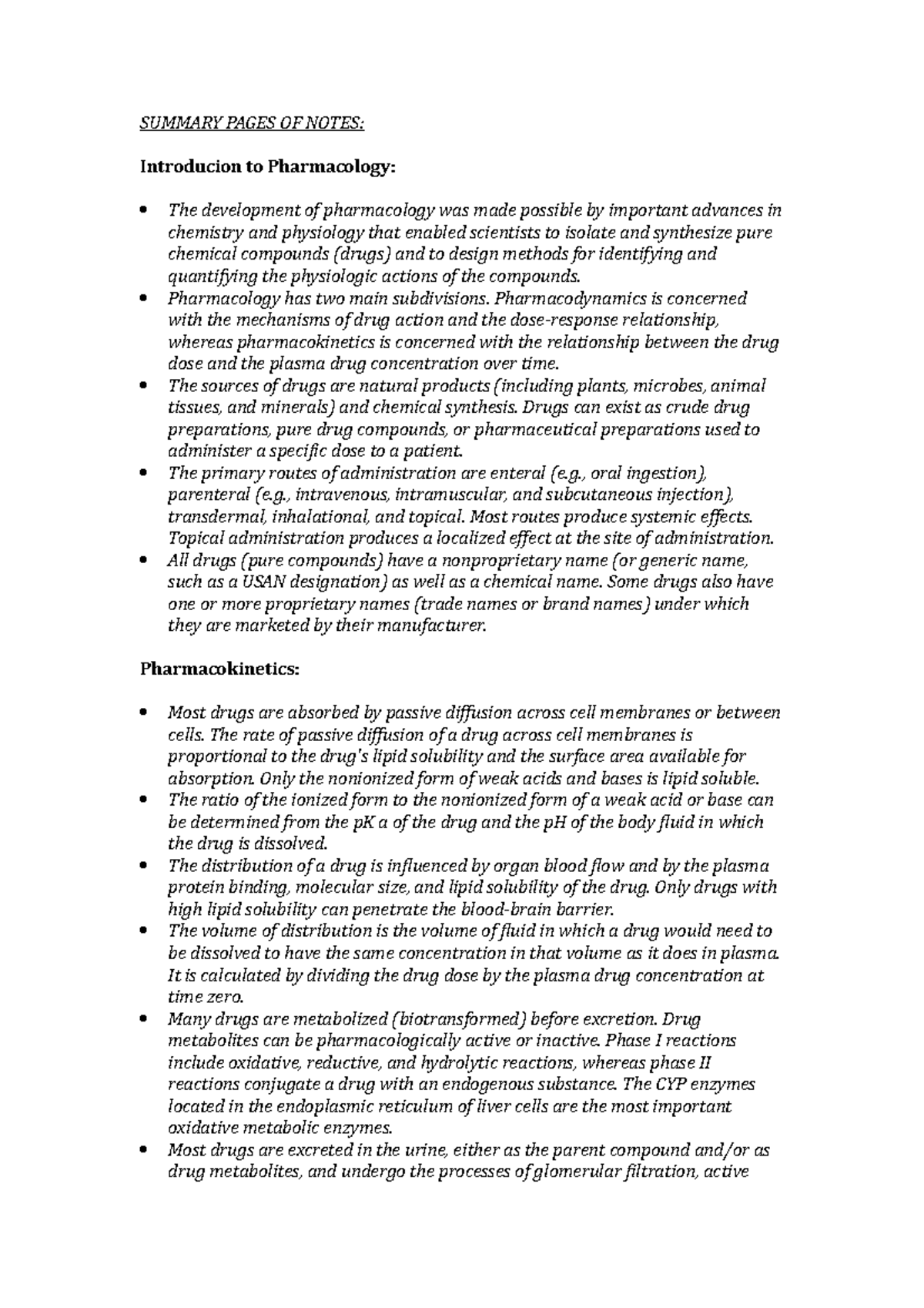 Pharmacology summary - SUMMARY PAGES OF NOTES: Introducion to ...